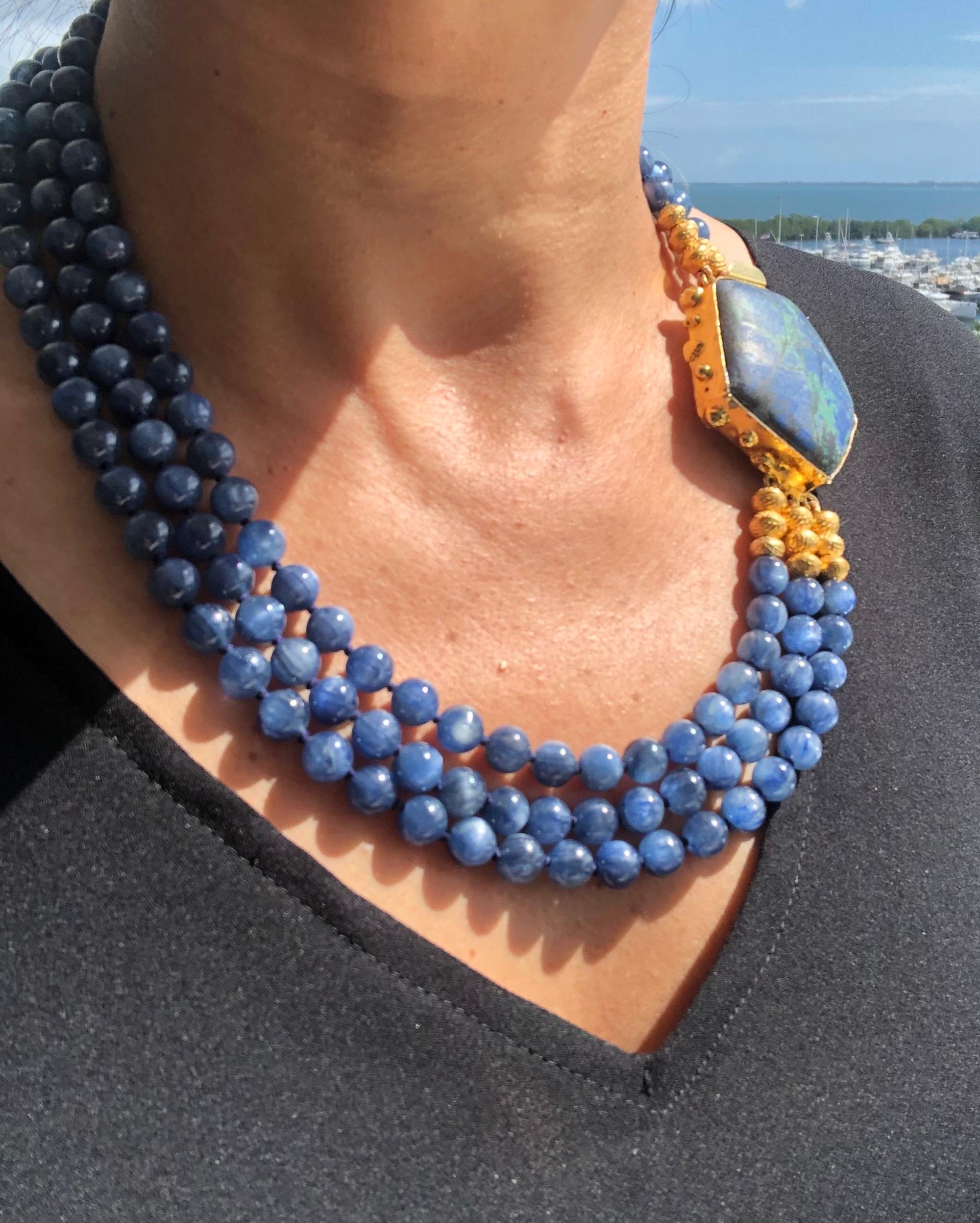 Contemporary A.Jeschel Polished Kyanite beads necklace with a Chrysocolla clasp. For Sale