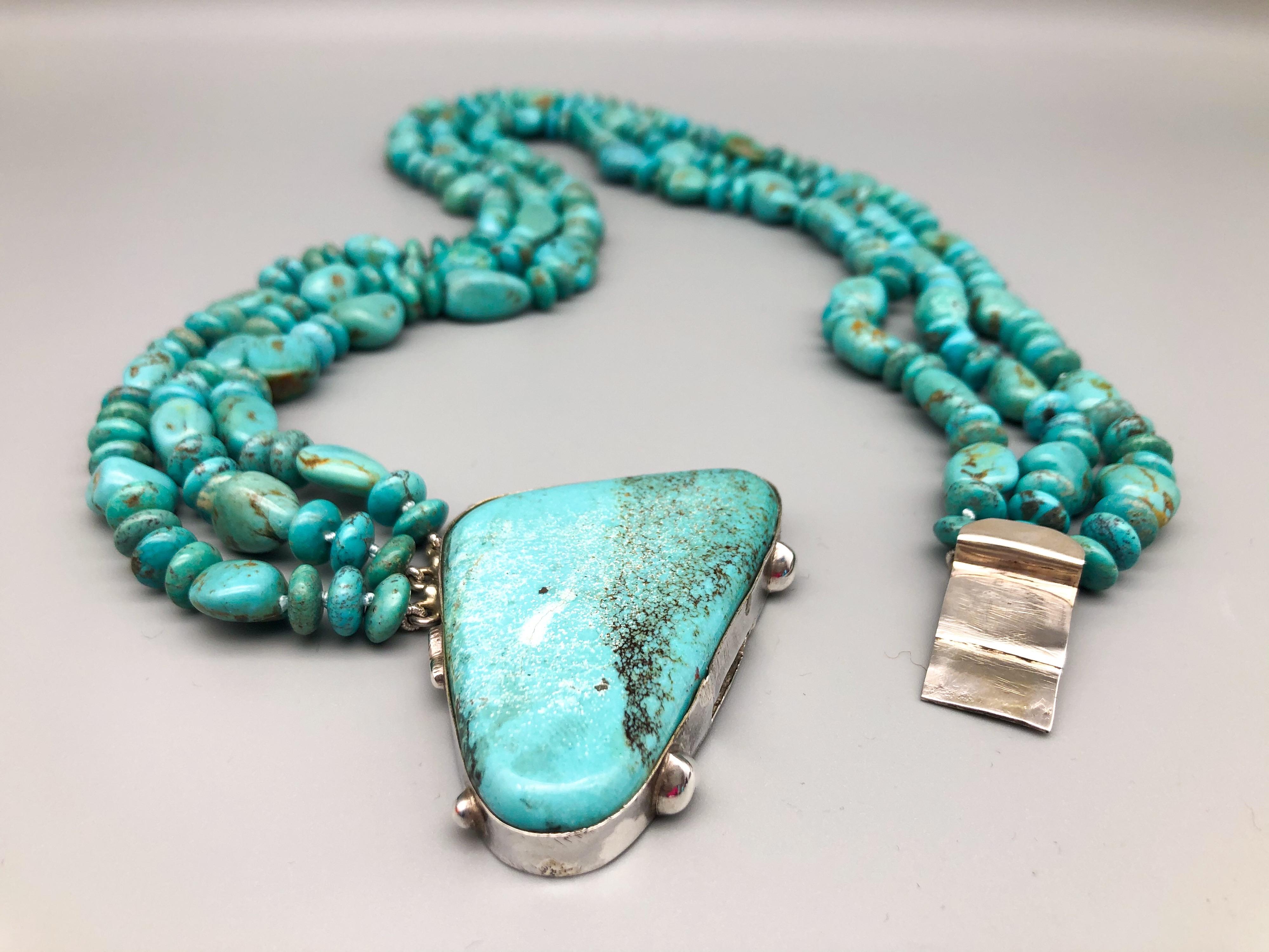 A.Jeschel 3 strand Natural American Kingman mine Turquoise Necklace  4