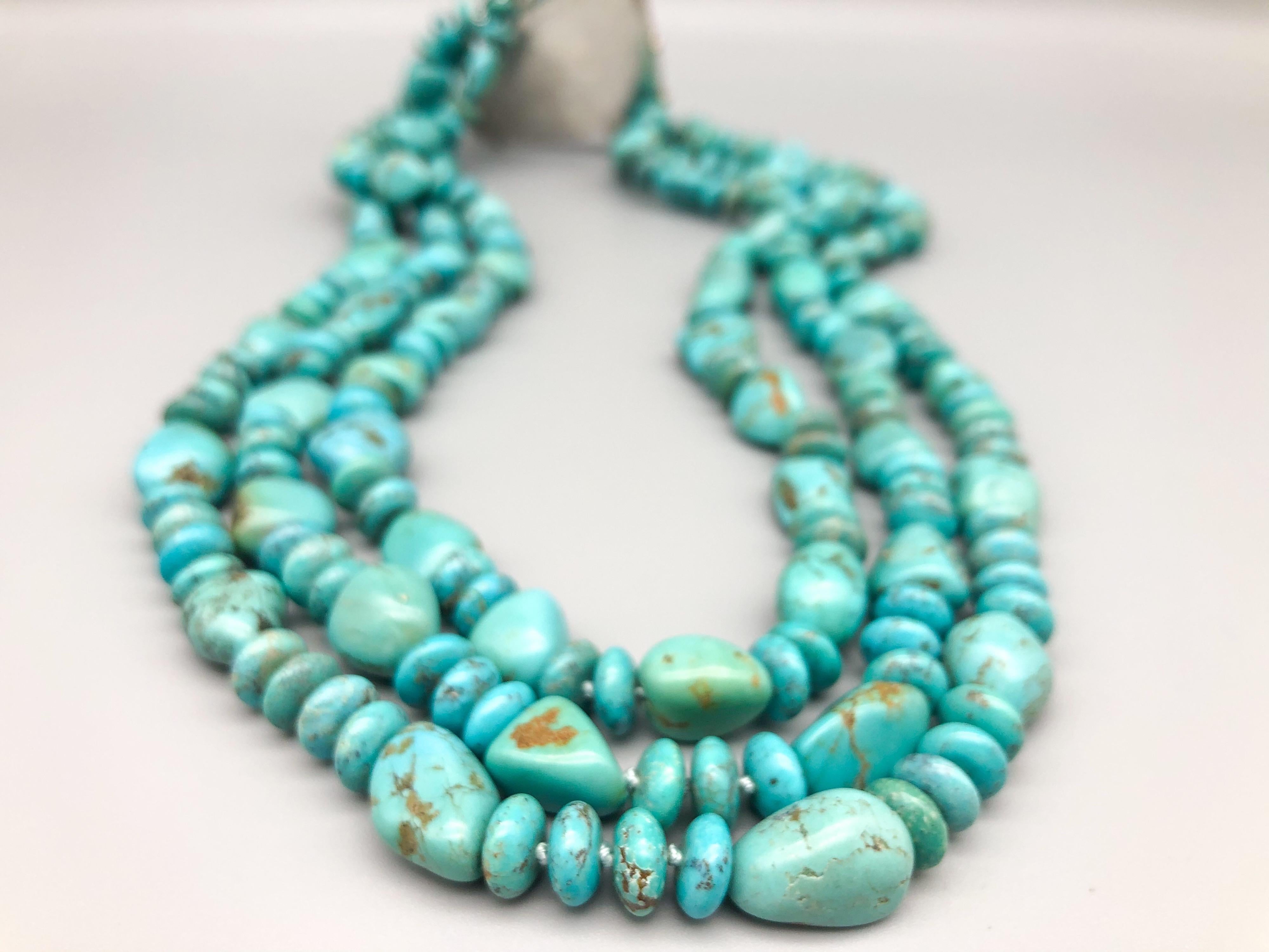 A.Jeschel 3 strand Natural American Kingman mine Turquoise Necklace  1