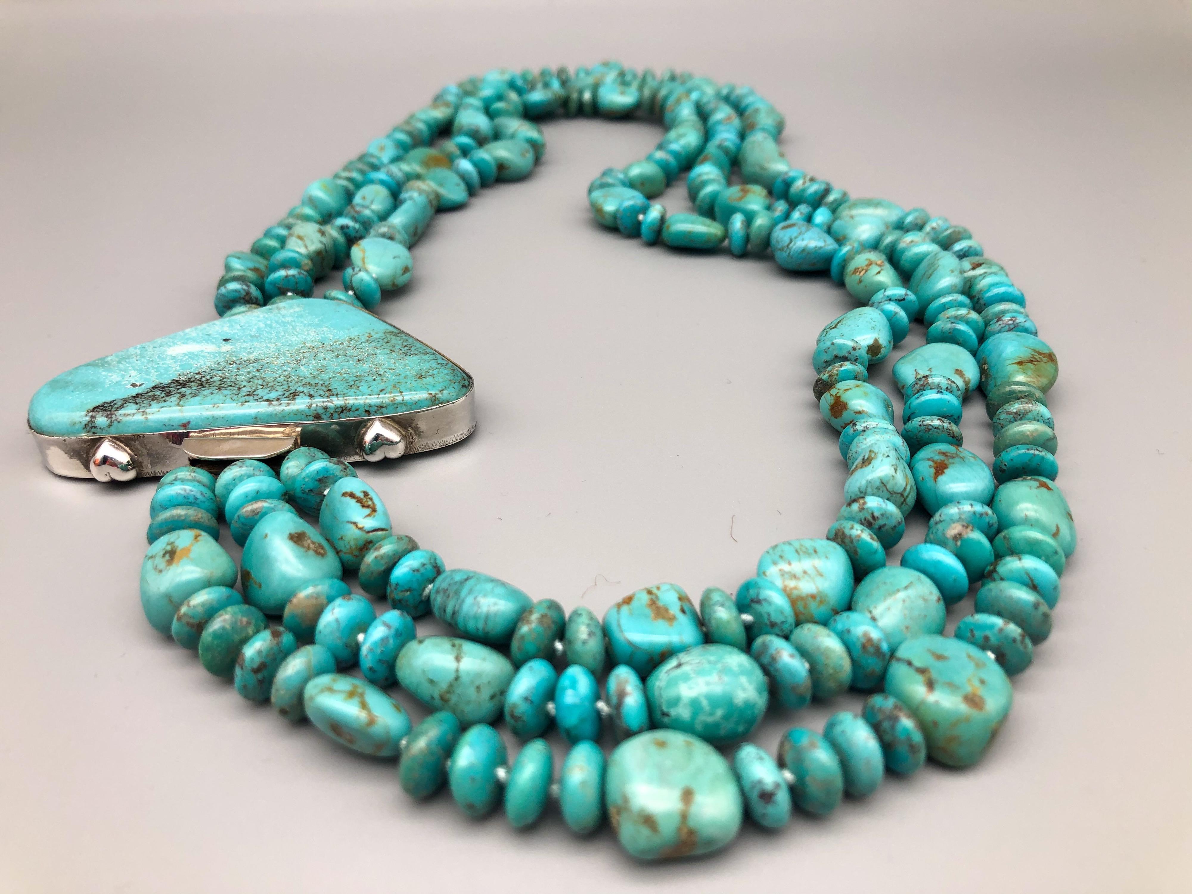 A.Jeschel 3 strand Natural American Kingman mine Turquoise Necklace  2