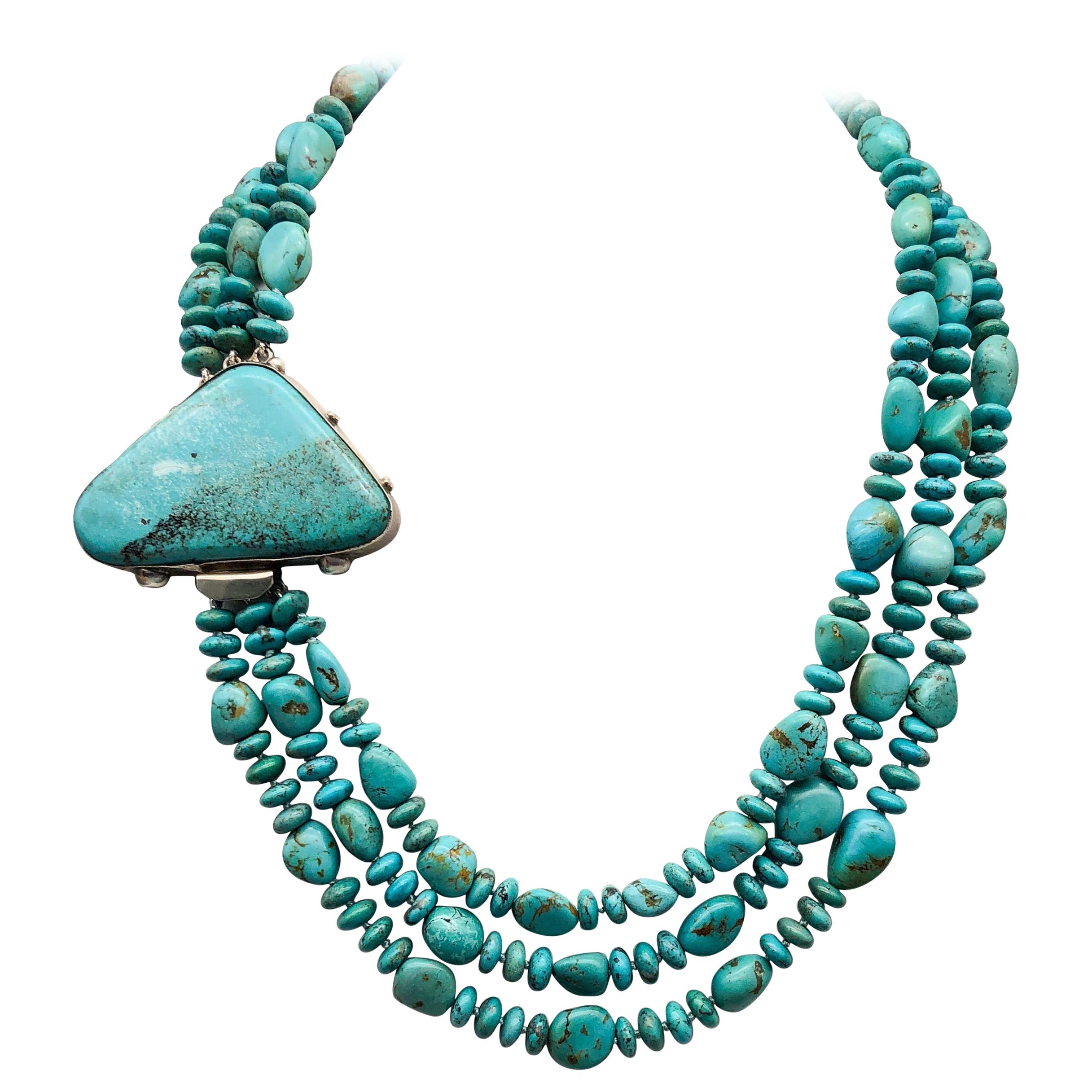 A.Jeschel 3 strand Natural American Kingman mine Turquoise Necklace 