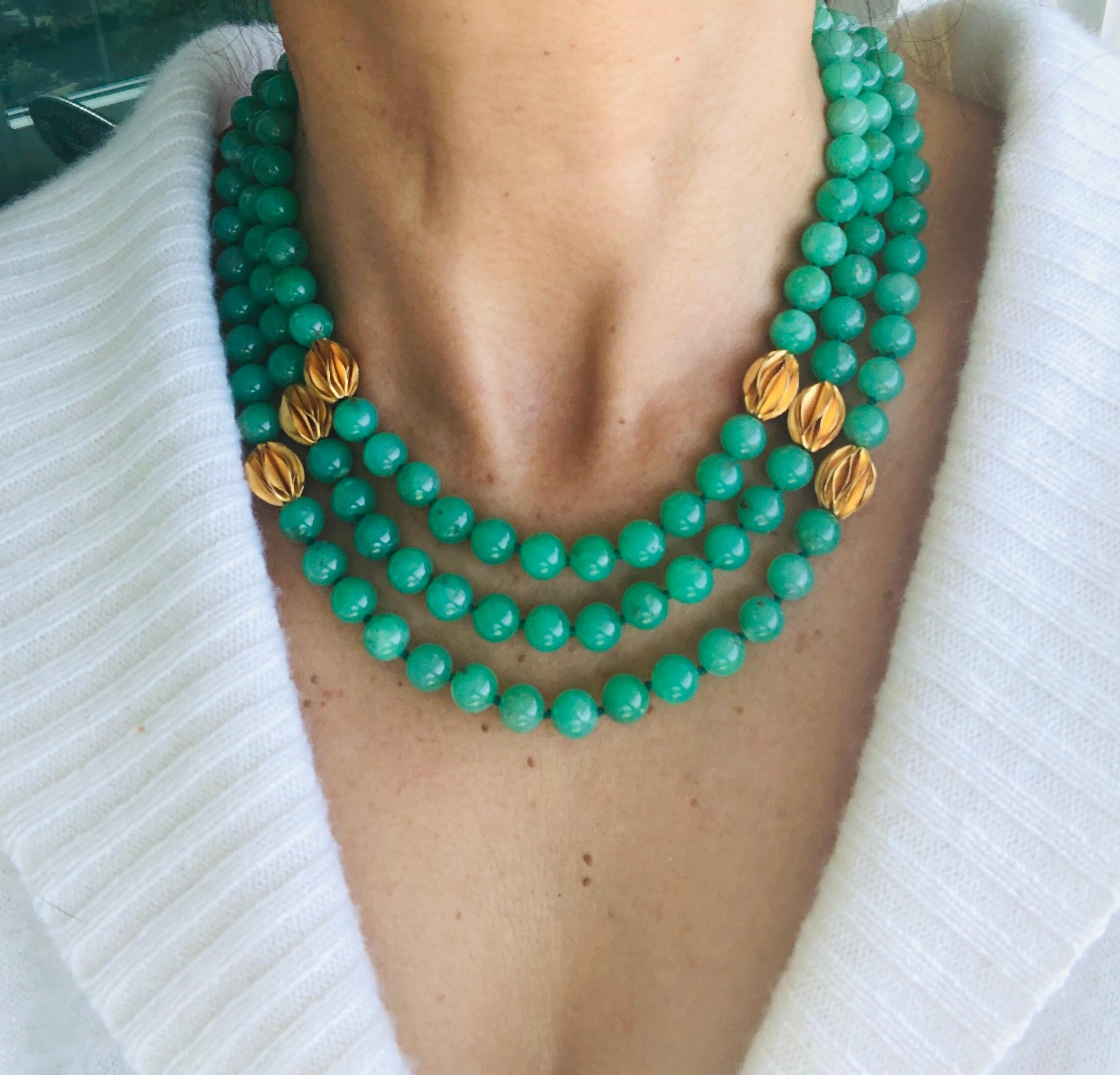 Contemporary A.Jeschel 3 strand superb bright green Chrysoprase necklace
