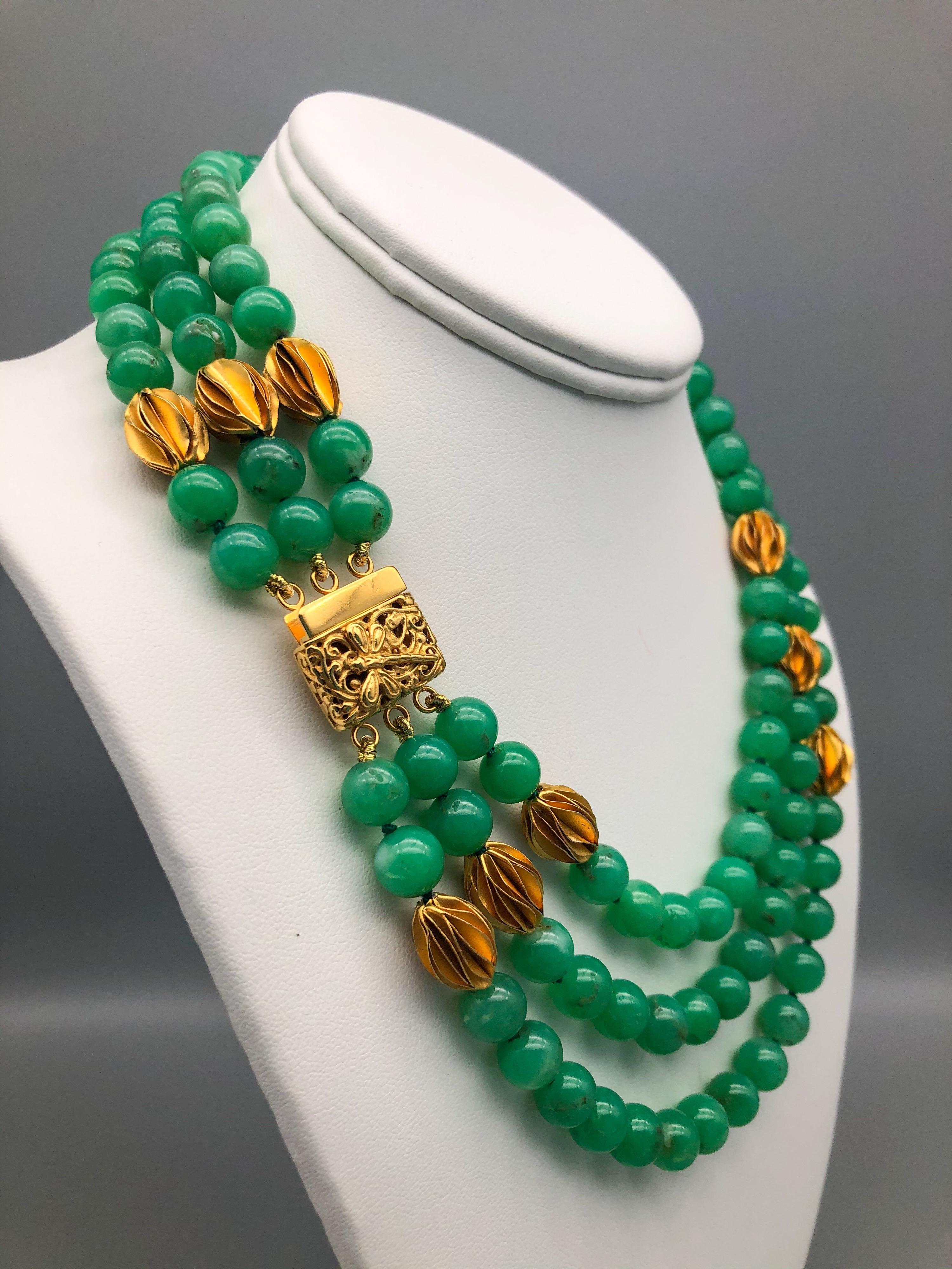 A.Jeschel 3 strand superb bright green Chrysoprase necklace 1