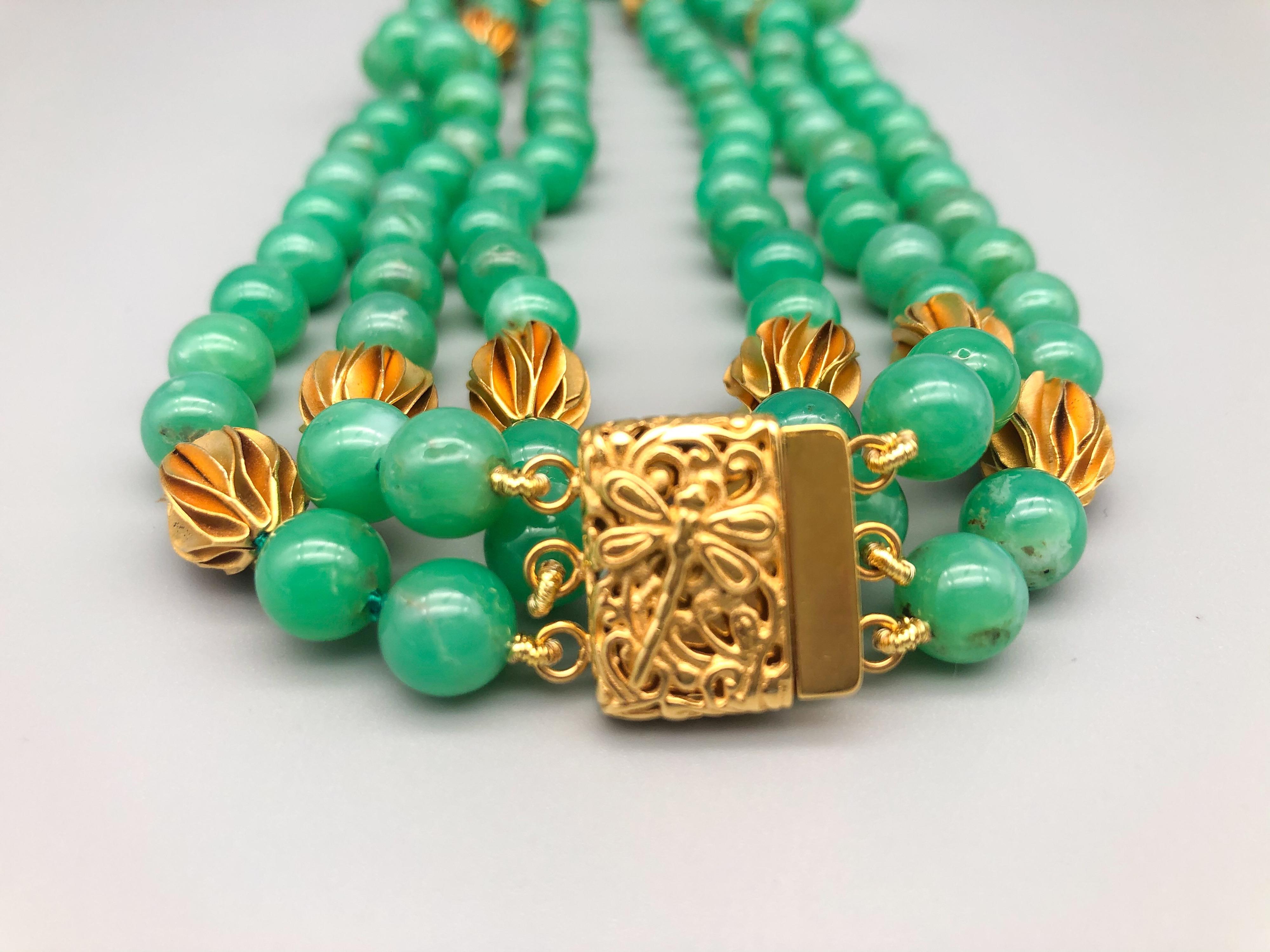 A.Jeschel 3 strand superb bright green Chrysoprase necklace 10