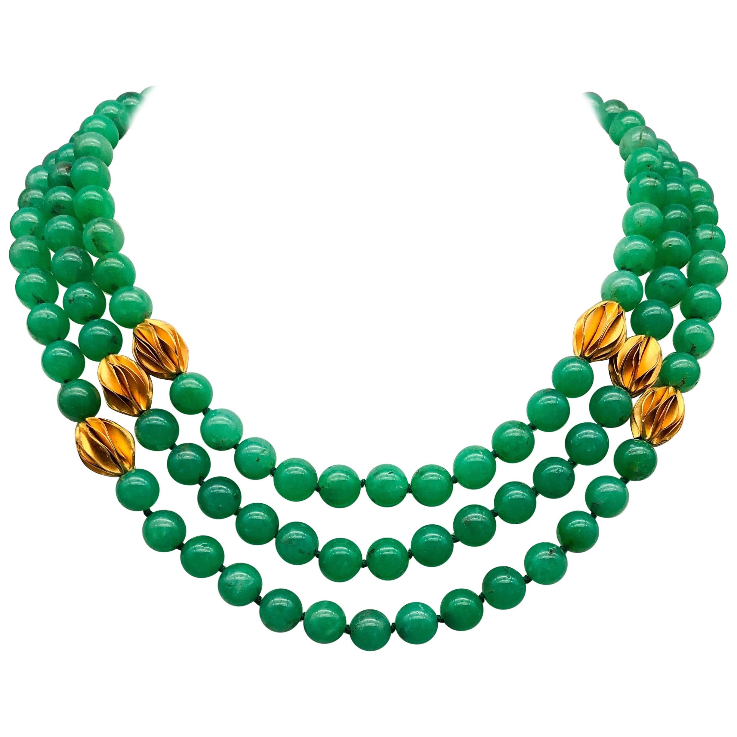 Women's A.Jeschel 3 strand superb bright green Chrysoprase necklace