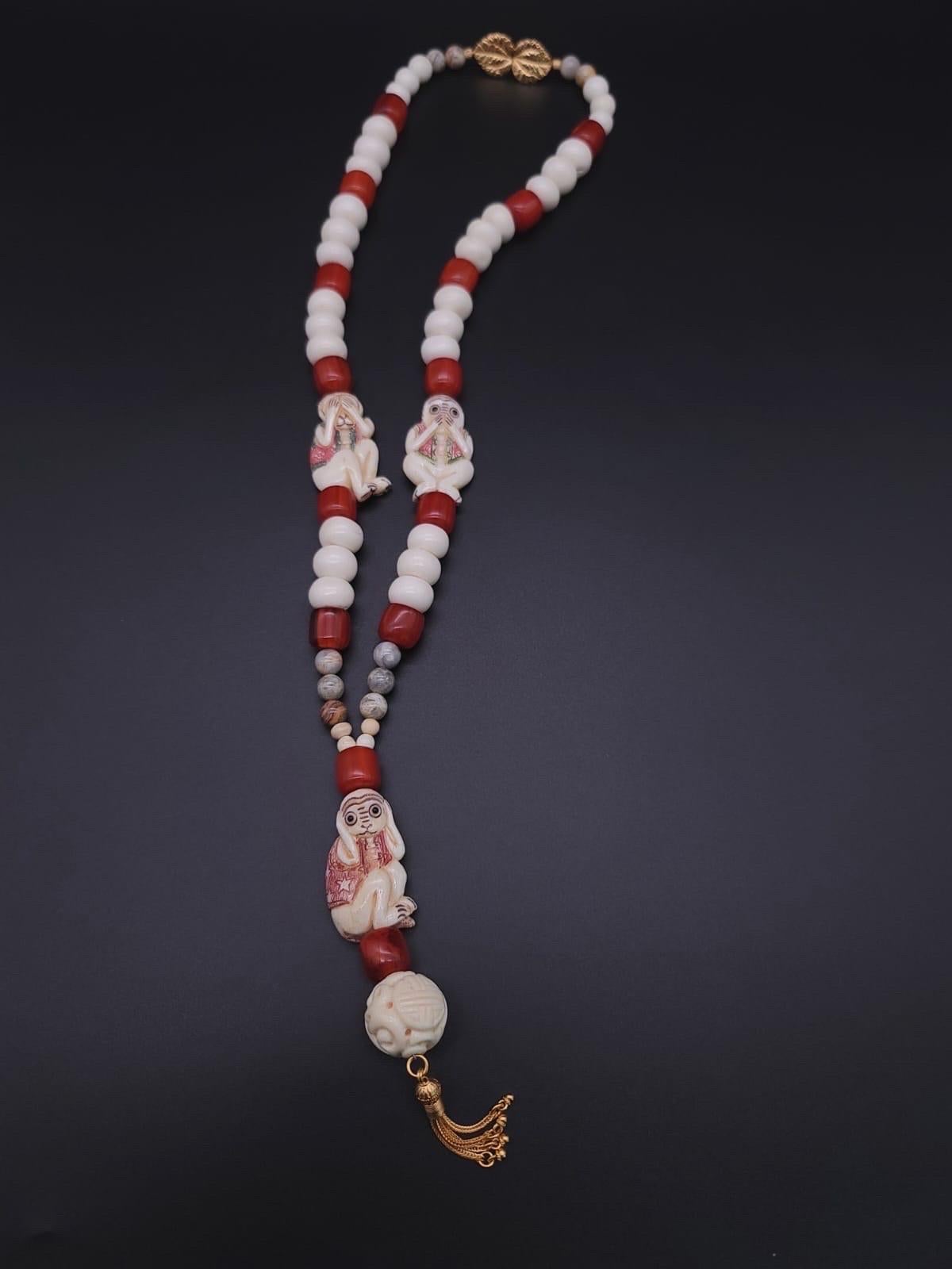 A.Jeschel 3 Wise monkeys in a Long Red Copal necklace  For Sale 14