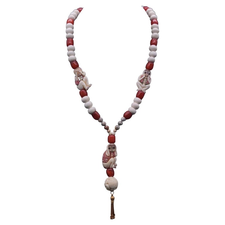 A.Jeschel 3 Wise monkeys in a Long Red Copal necklace For Sale at 1stDibs