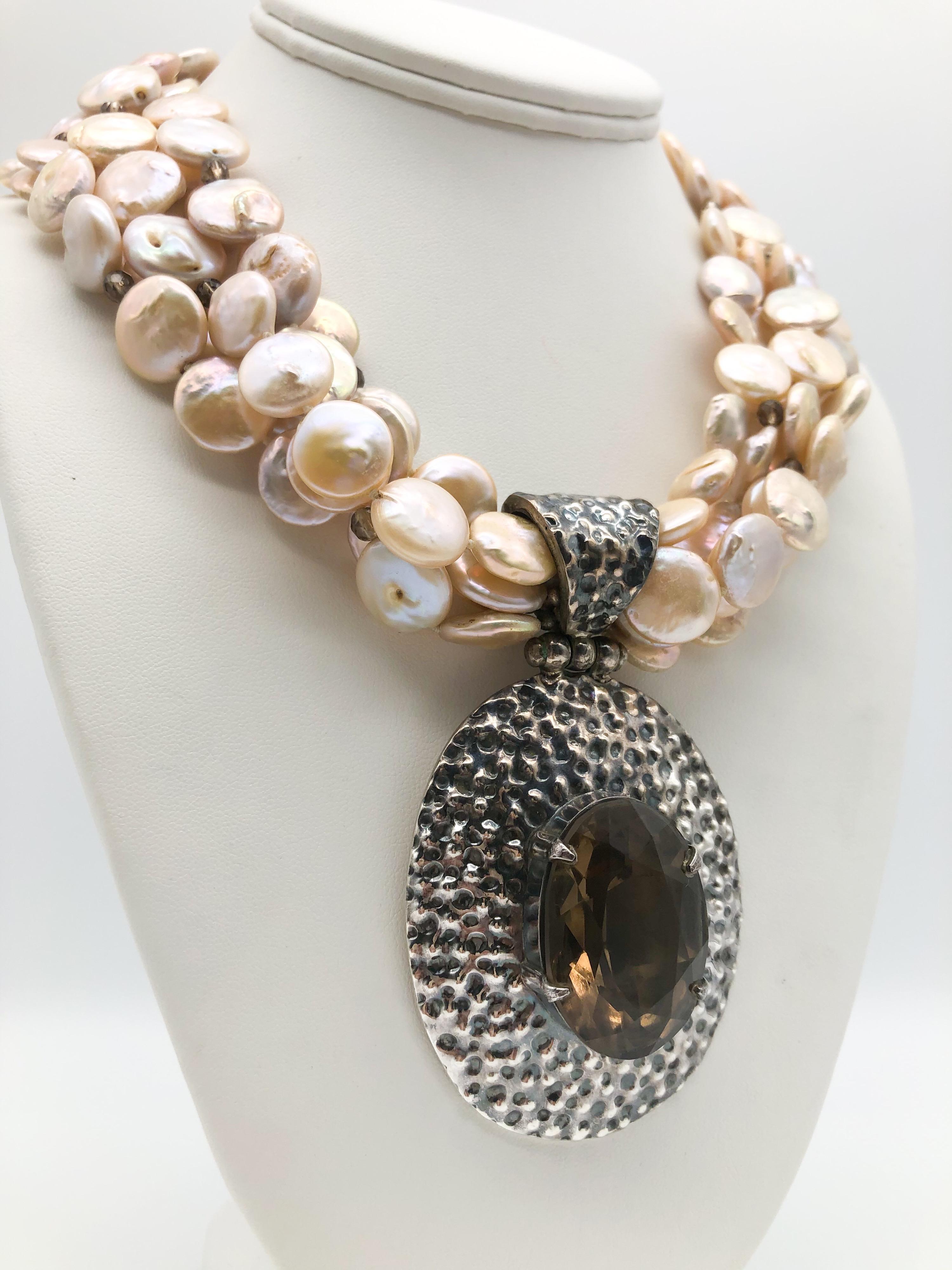 A.Jeschel 5 strand coin pearl necklace and Smokey Quartz necklace. For Sale 7
