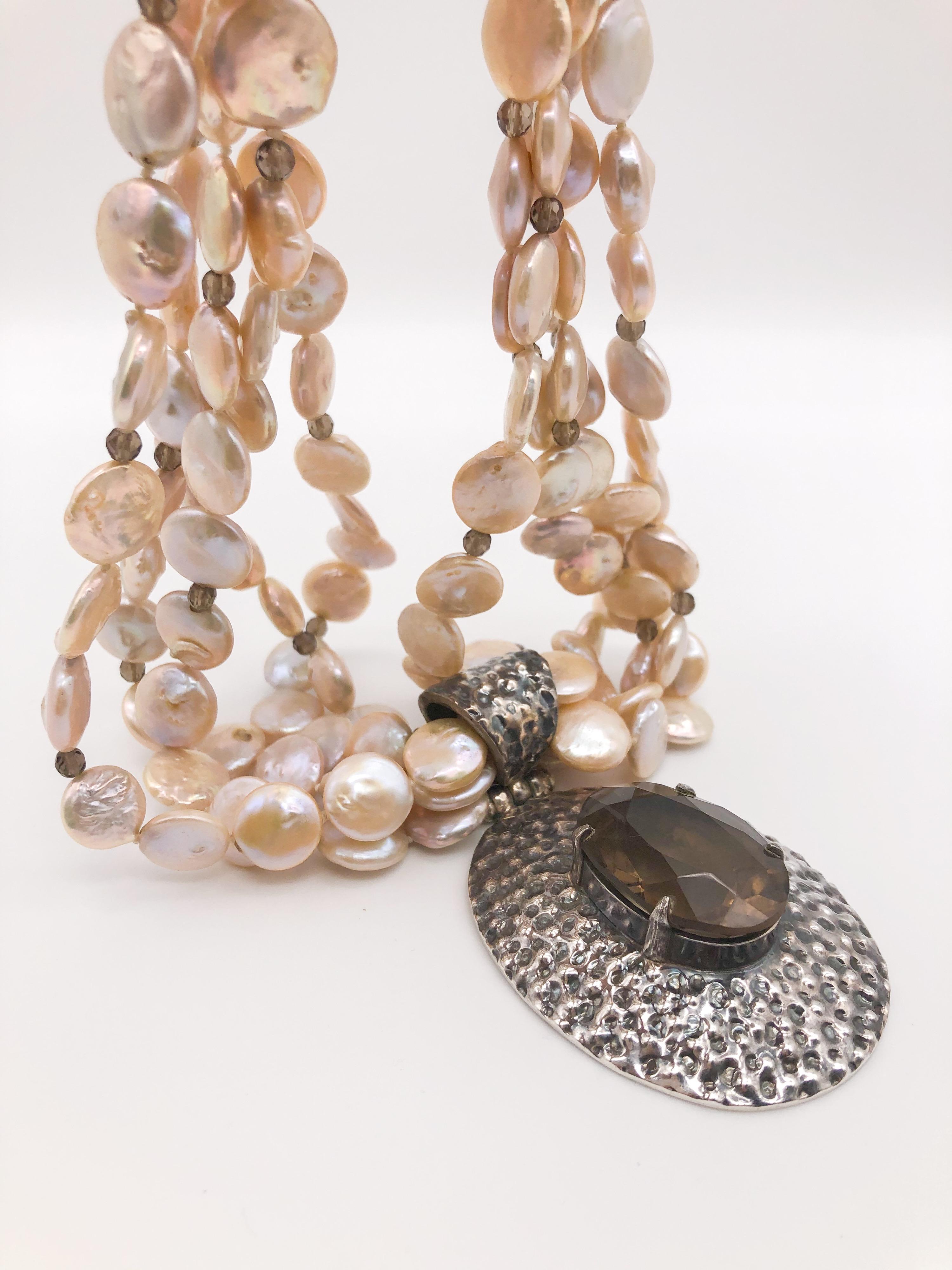 Mixed Cut A.Jeschel 5 strand coin pearl necklace and Smokey Quartz necklace. For Sale