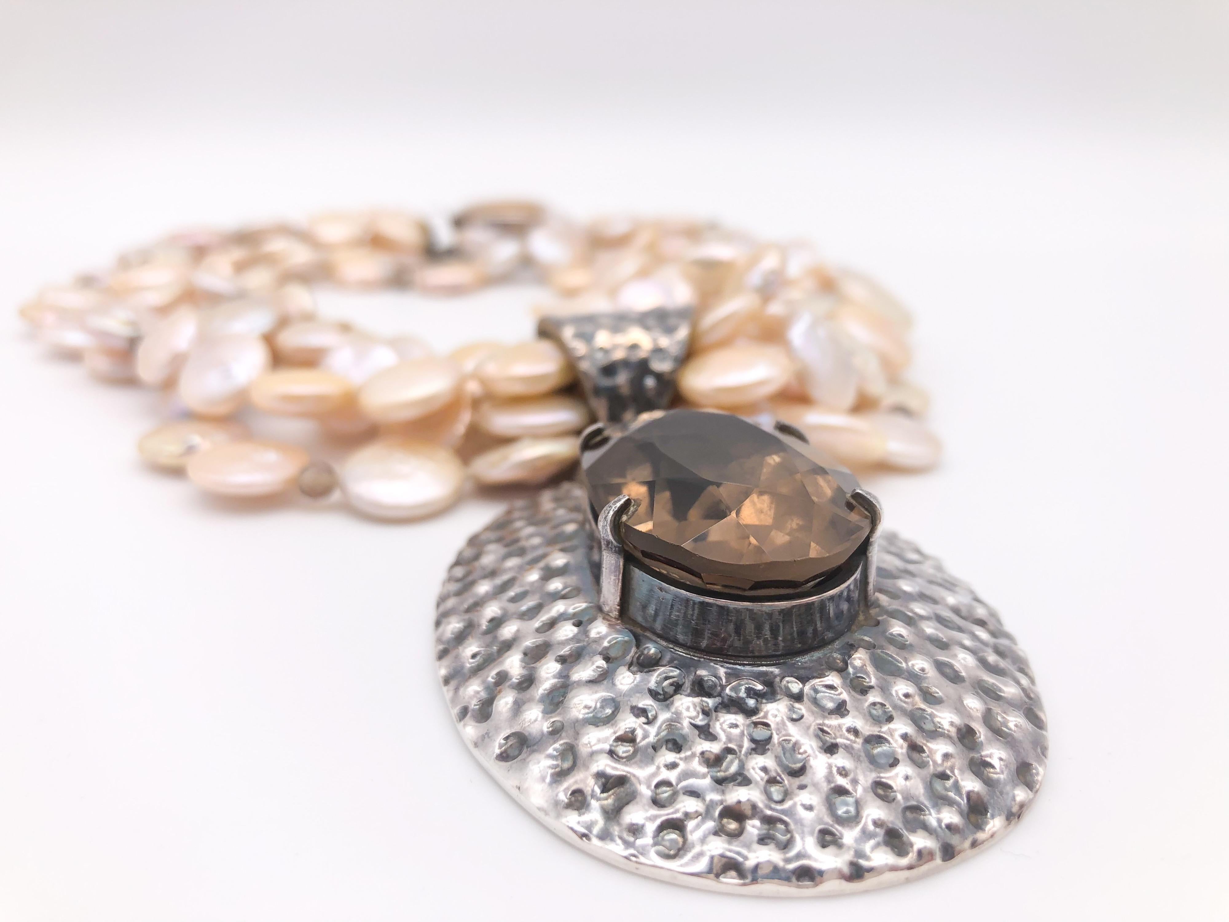 A.Jeschel 5 strand coin pearl necklace and Smokey Quartz necklace. In New Condition For Sale In Miami, FL