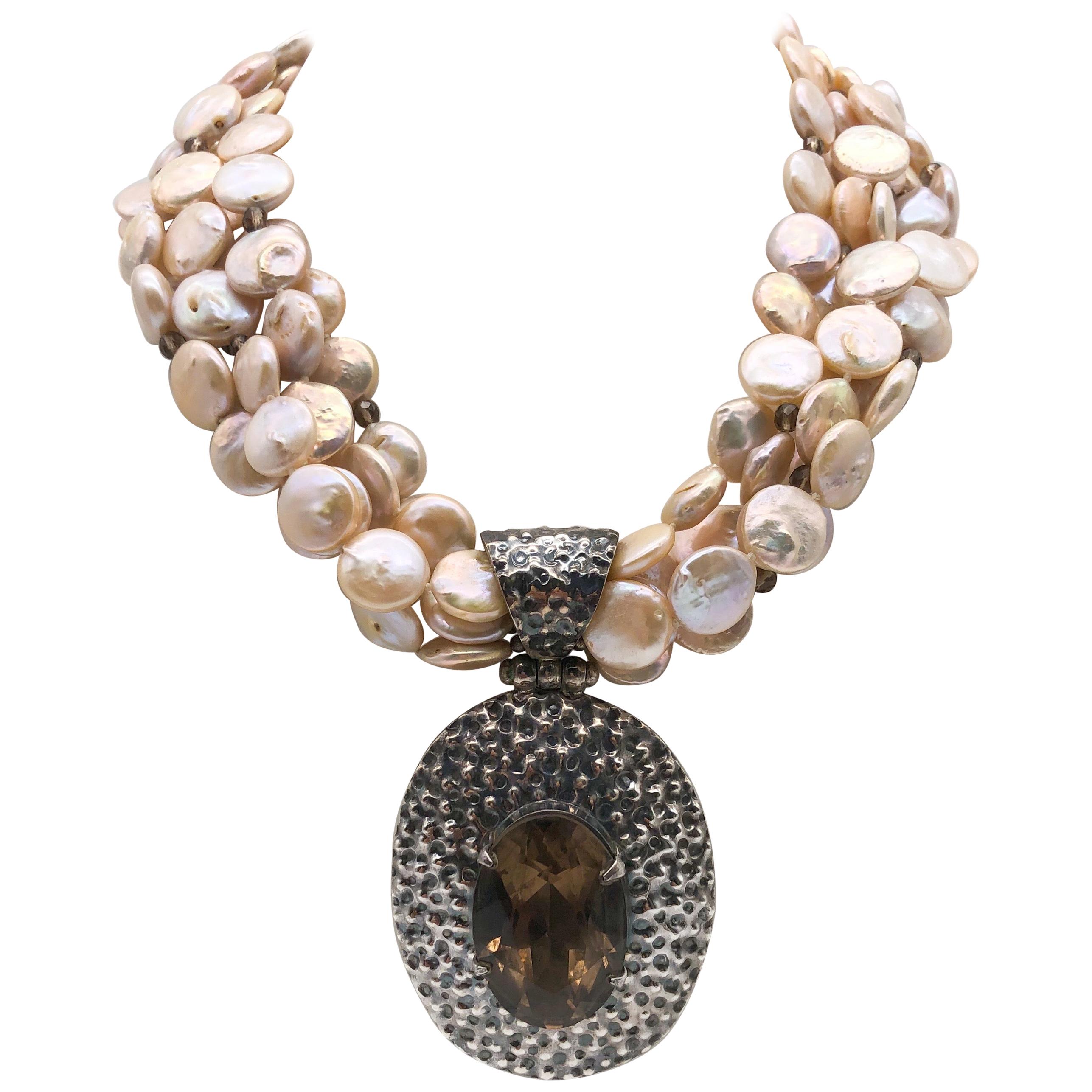 A.Jeschel 5 strand coin pearl necklace and Smokey Quartz necklace. For Sale