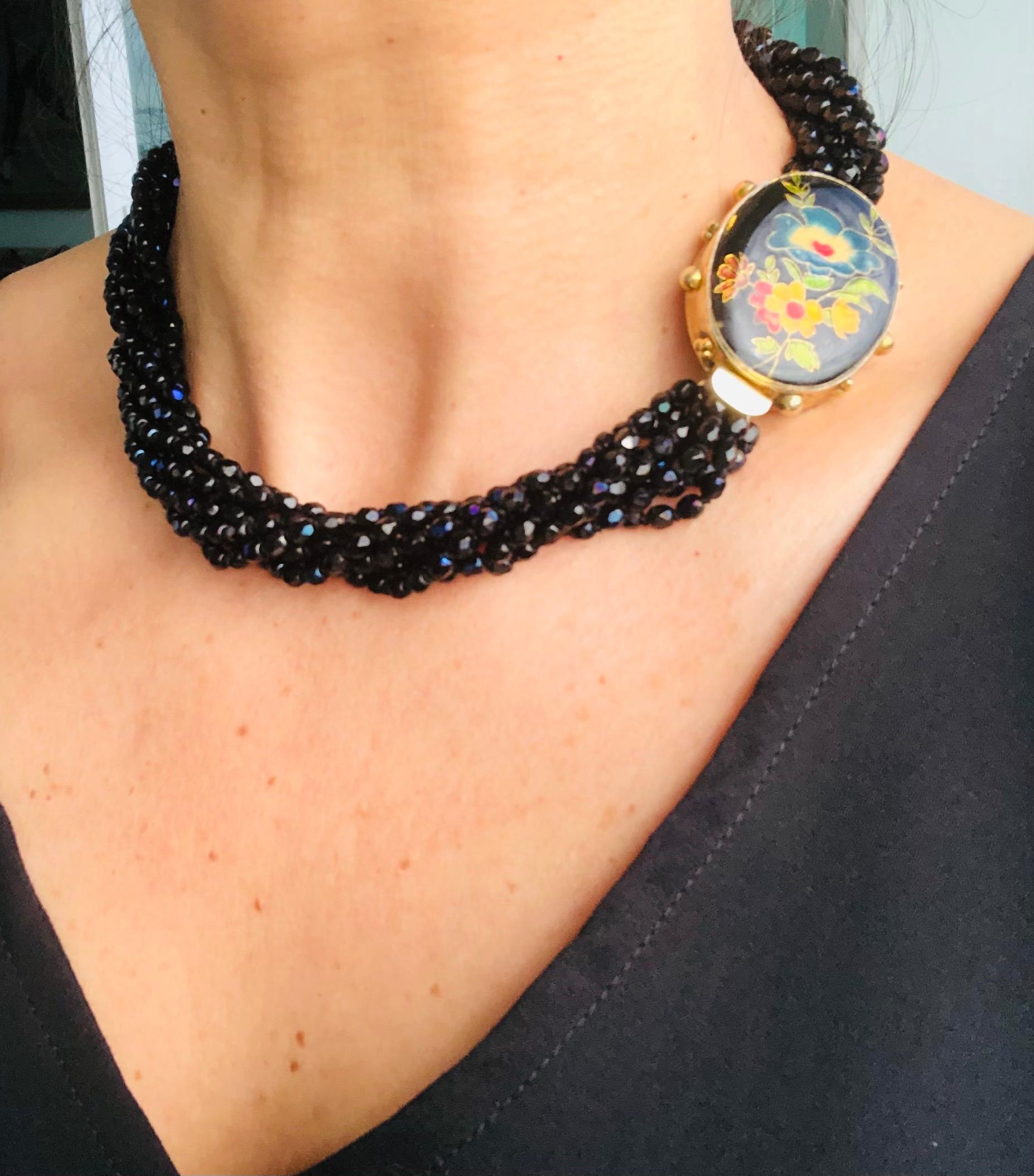 One-of-a-Kind
Jet beads like grandma wished she had. 22 k gold over Sterling Silver clasp with a Chinese cloisonné surface.
Silk hand-knotted
Approx: 17inches