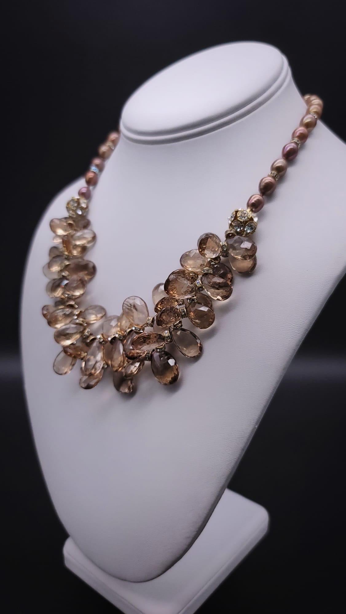 A.Jeschel Collana di lusso con quarzo champagne sfaccettato e perle. In condizioni Nuovo in vendita a Miami, FL