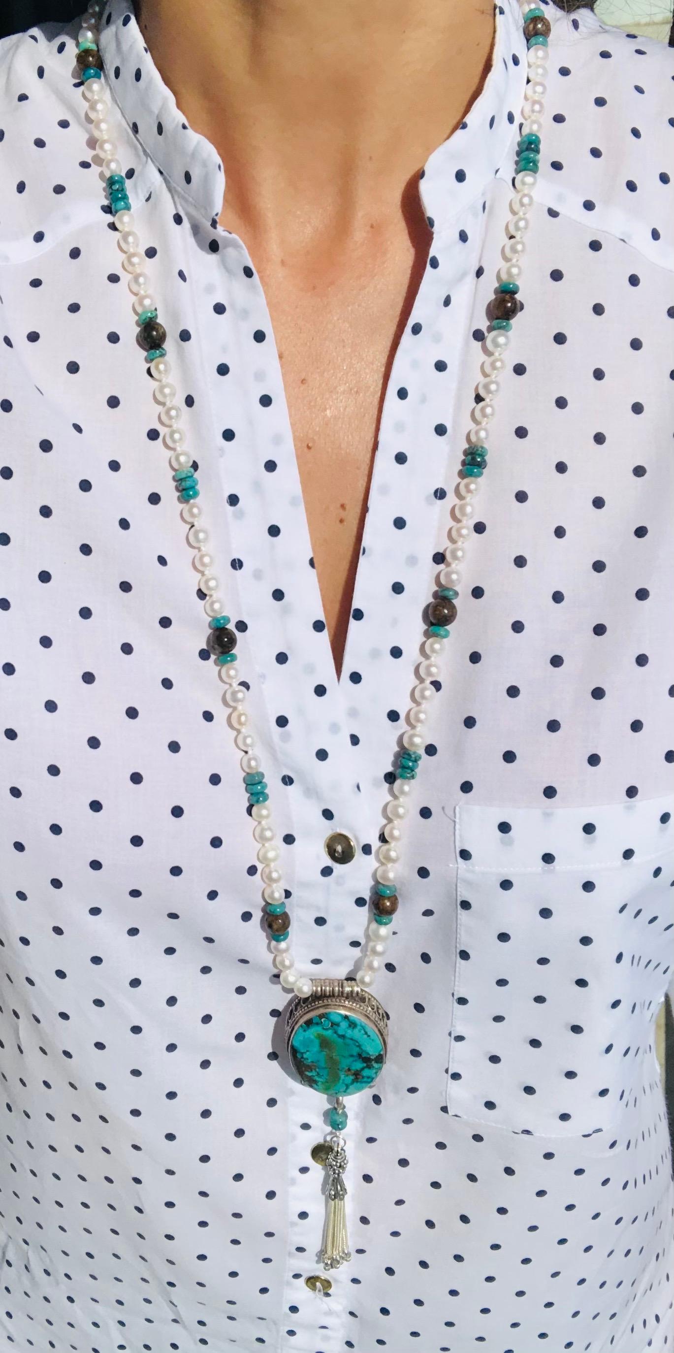 A.Jeschel Sophisticated long freswater Pearl necklace with Turquoise pendant. For Sale 5