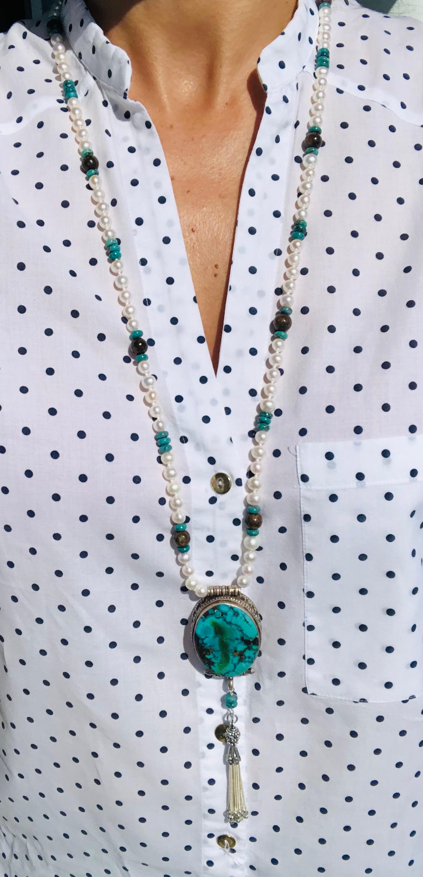 Mixed Cut A.Jeschel Sophisticated long freswater Pearl necklace with Turquoise pendant. For Sale