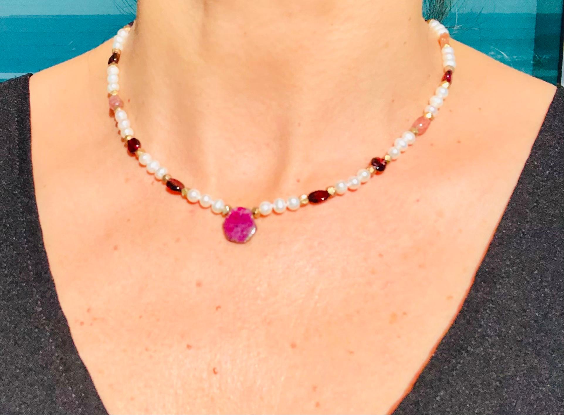 One-of-a-Kind
A small Ruby slice drops from a circlet of Rubies, spinel, and small Pearls. The clasp is vermeil holding a Ruby that matches the drop.
The perfect piece for your granddaughter’s first “real “ jewelry.
Silk hand-knotted
Approx: 17