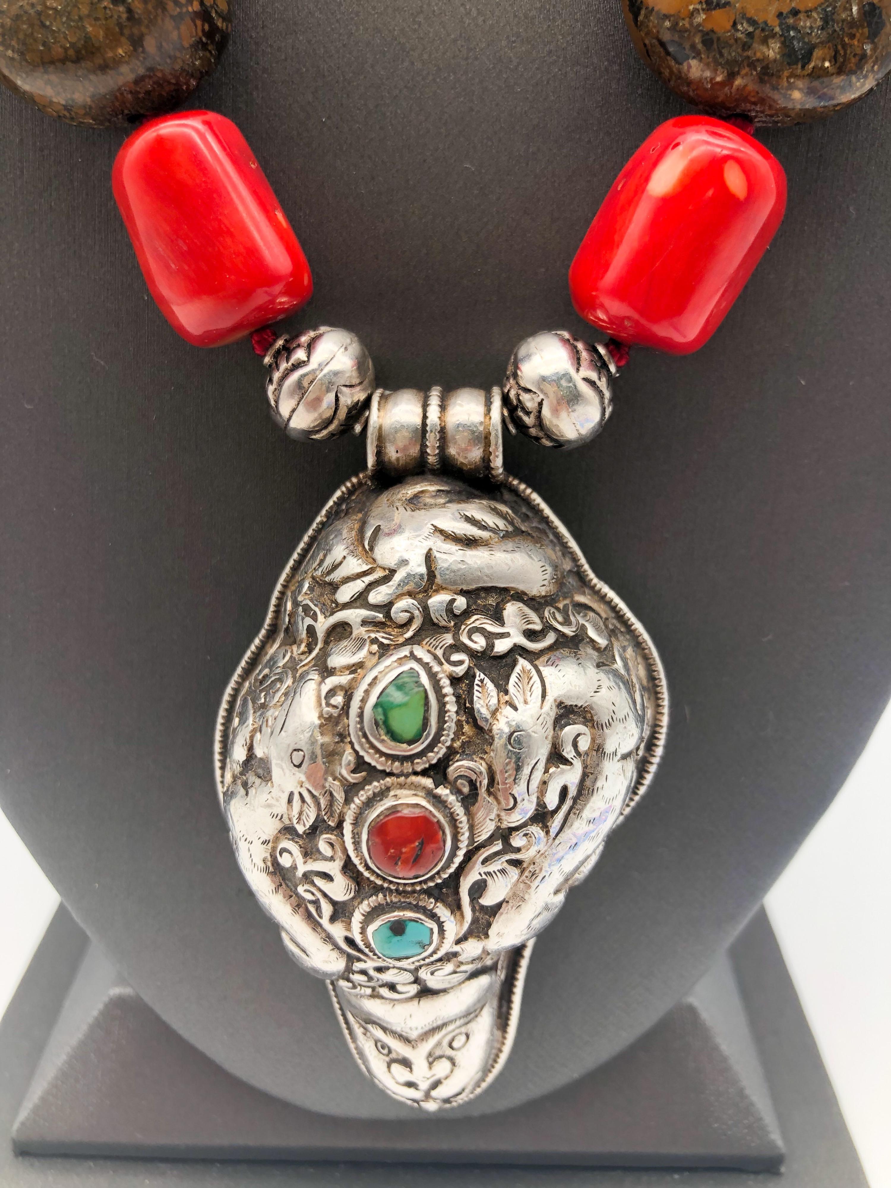 A.Jeschel A super Dramatic and Bold Tibetan pendant long necklace. In New Condition For Sale In Miami, FL