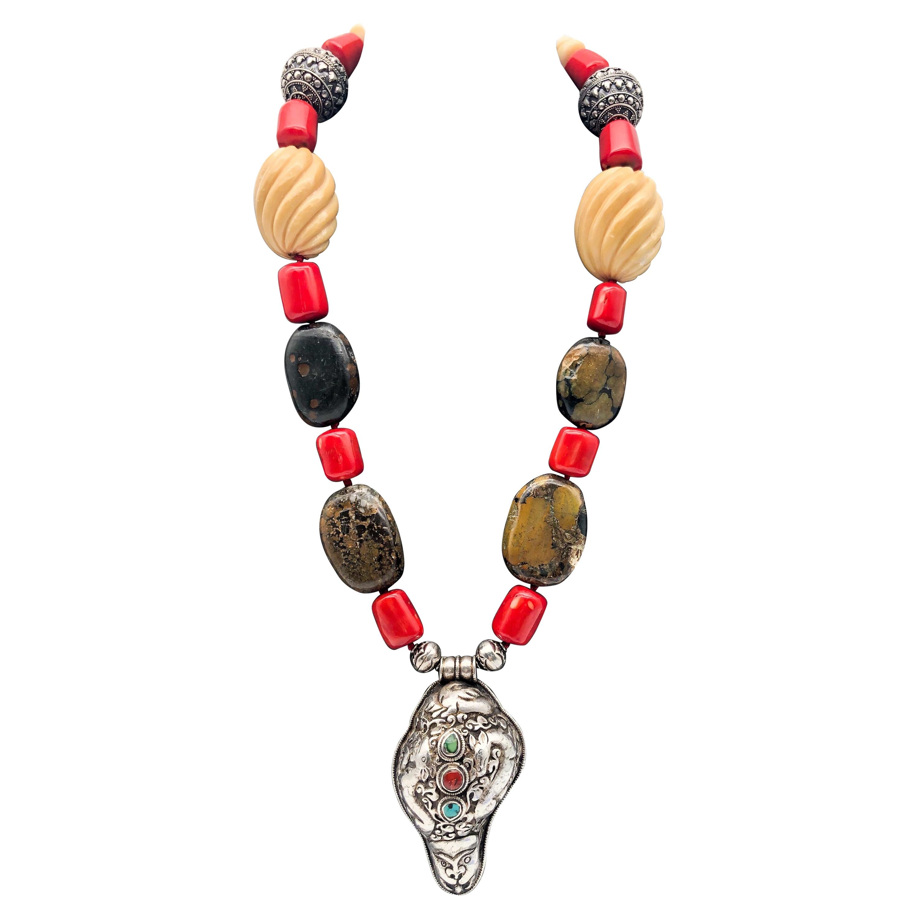 A.Jeschel A super Dramatic and Bold Tibetan pendant long necklace. For Sale