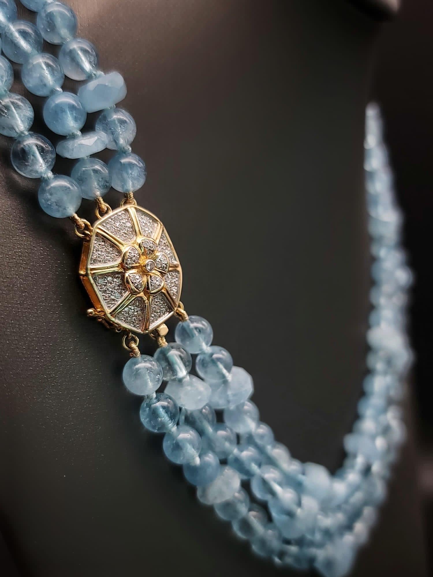 Contemporary A.Jeschel AAA Aquamarine necklace with a 14k Gold Diamond clasp.
