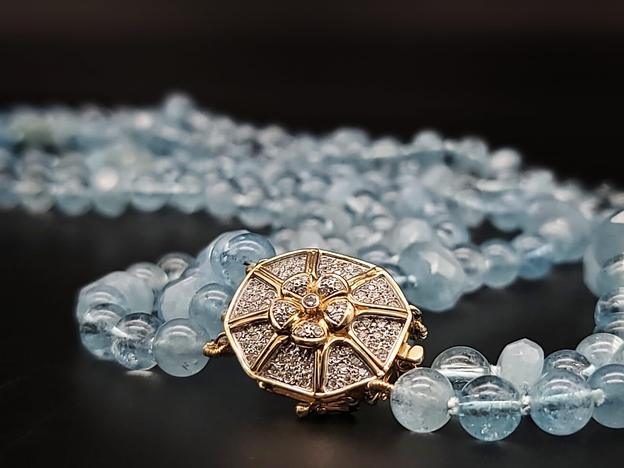 A.Jeschel AAA Aquamarine necklace with a 14k Gold Diamond clasp. In New Condition In Miami, FL