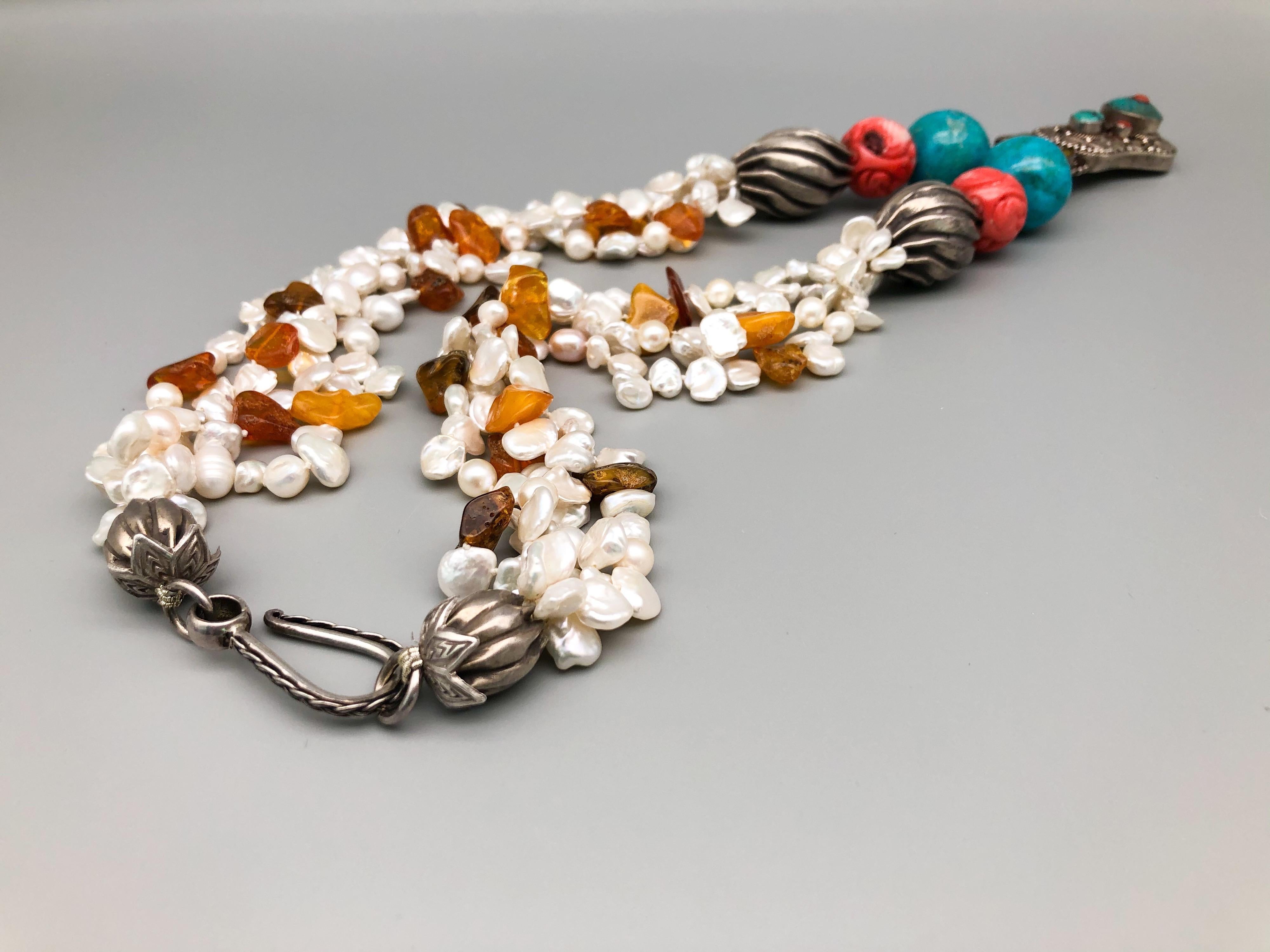Women's or Men's A.Jeschel Stunning Amber and Freshwater Pearl Y Necklace. For Sale