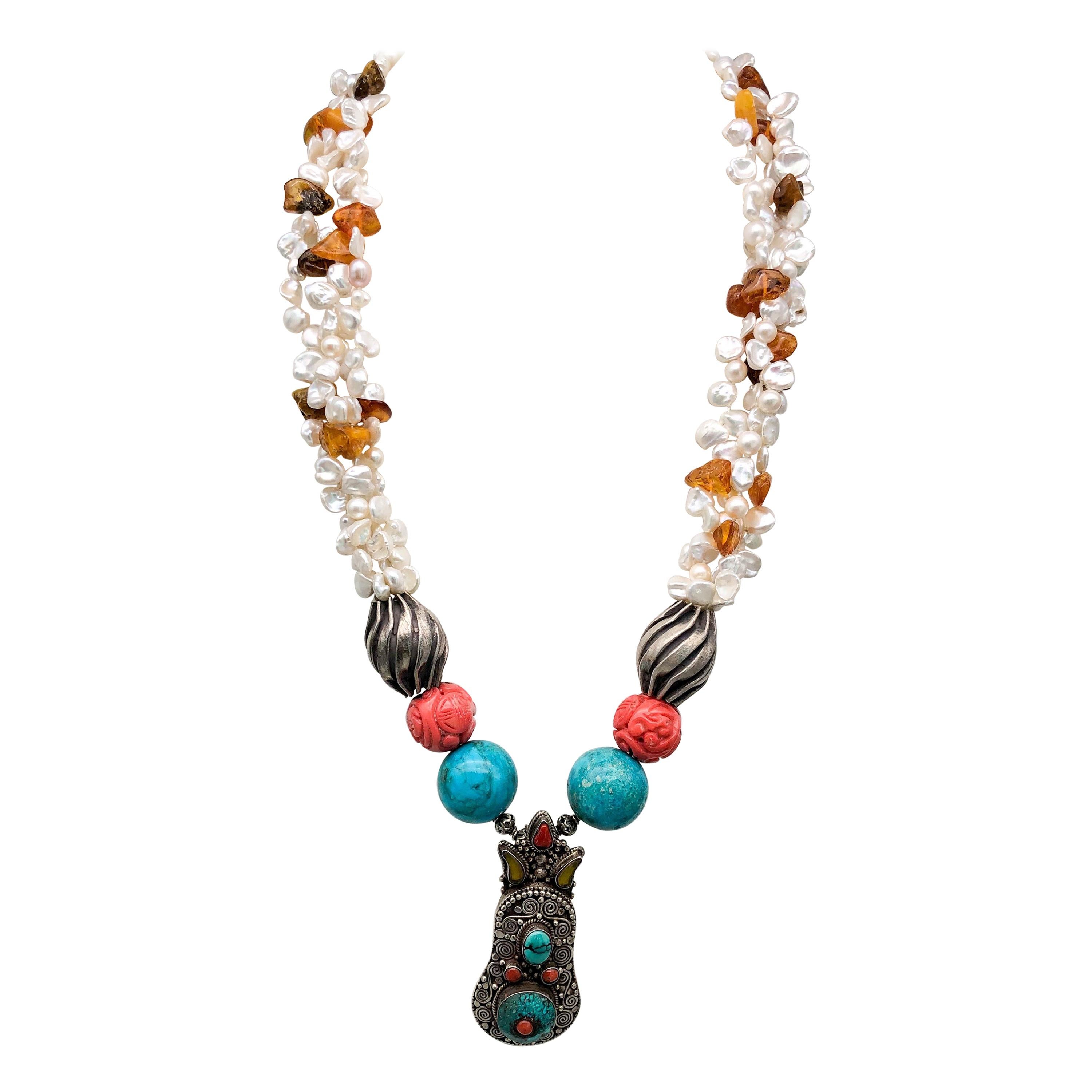 A.Jeschel Stunning Amber and Freshwater Pearl Y Necklace. For Sale