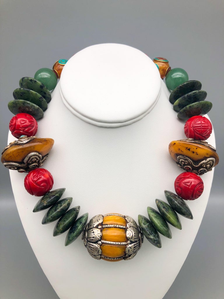 A.Jeschel An Exciting Bold Ethnic Necklace Amber and Tibetan Beads at  1stDibs | monk ball necklace, necklace that sits on collar bone