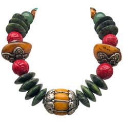 A.Jeschel An Exciting Bold Ethnic Necklace Amber and Tibetan Beads