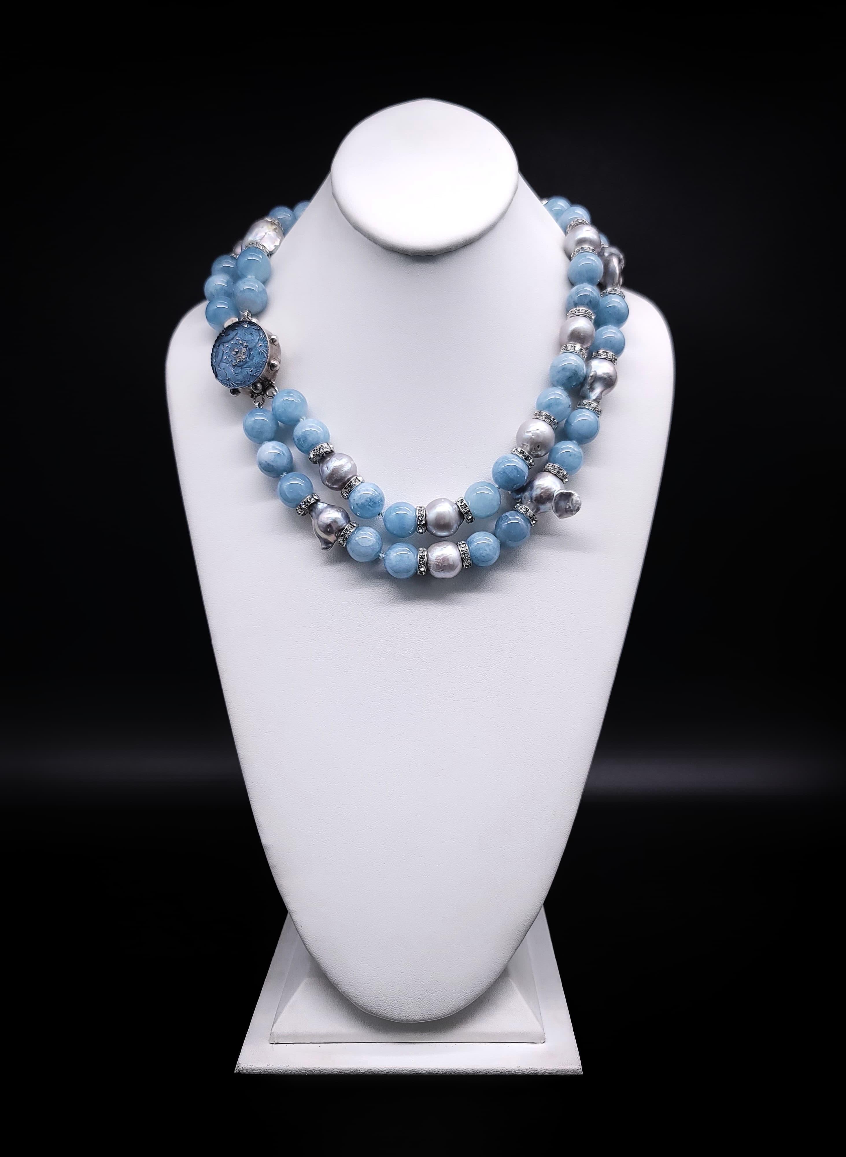 A.Jeschel Aquamarine and Baroque Grey Pearls necklace. For Sale 6