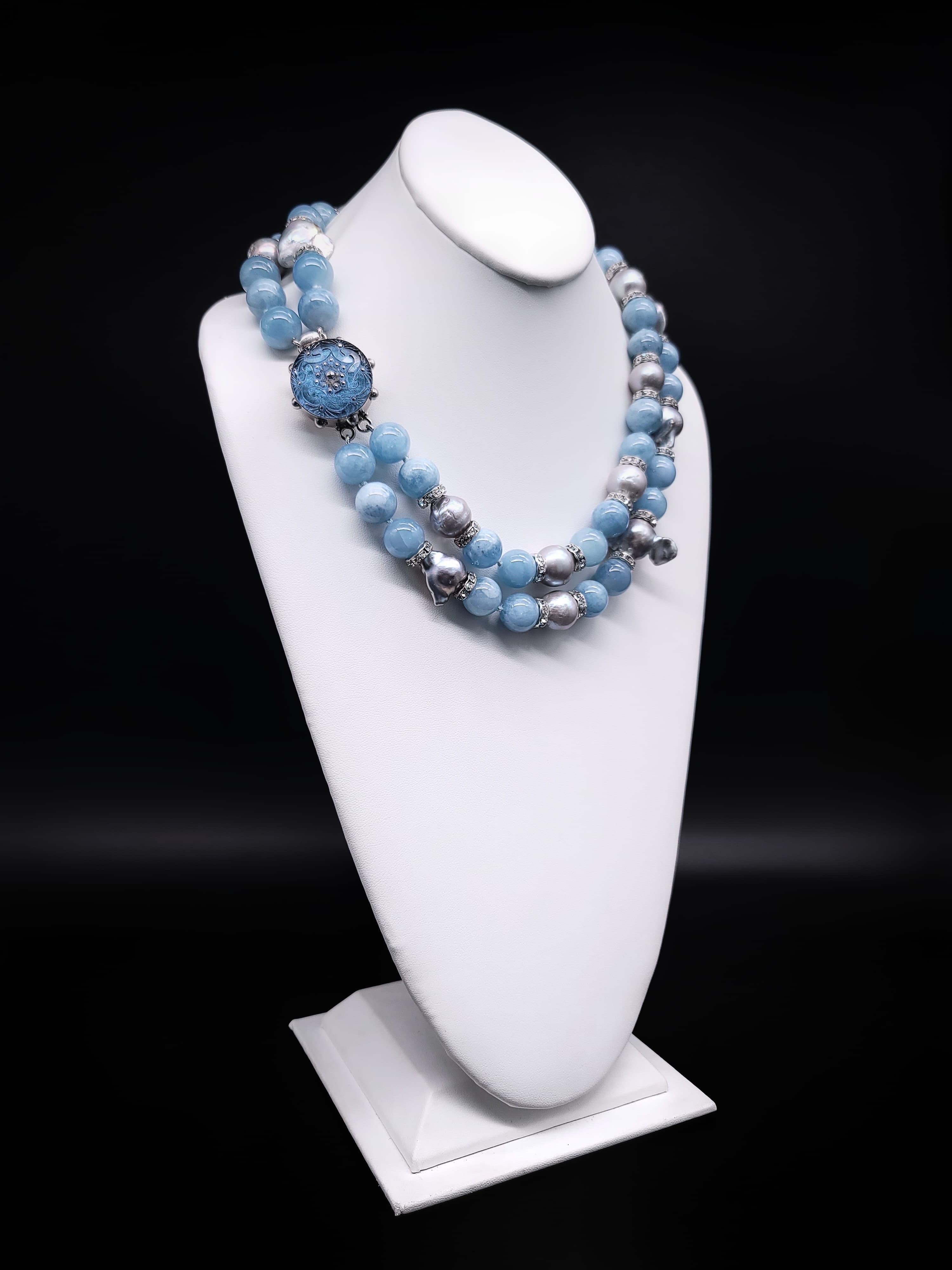 Bead A.Jeschel Aquamarine and Baroque Grey Pearls necklace. For Sale