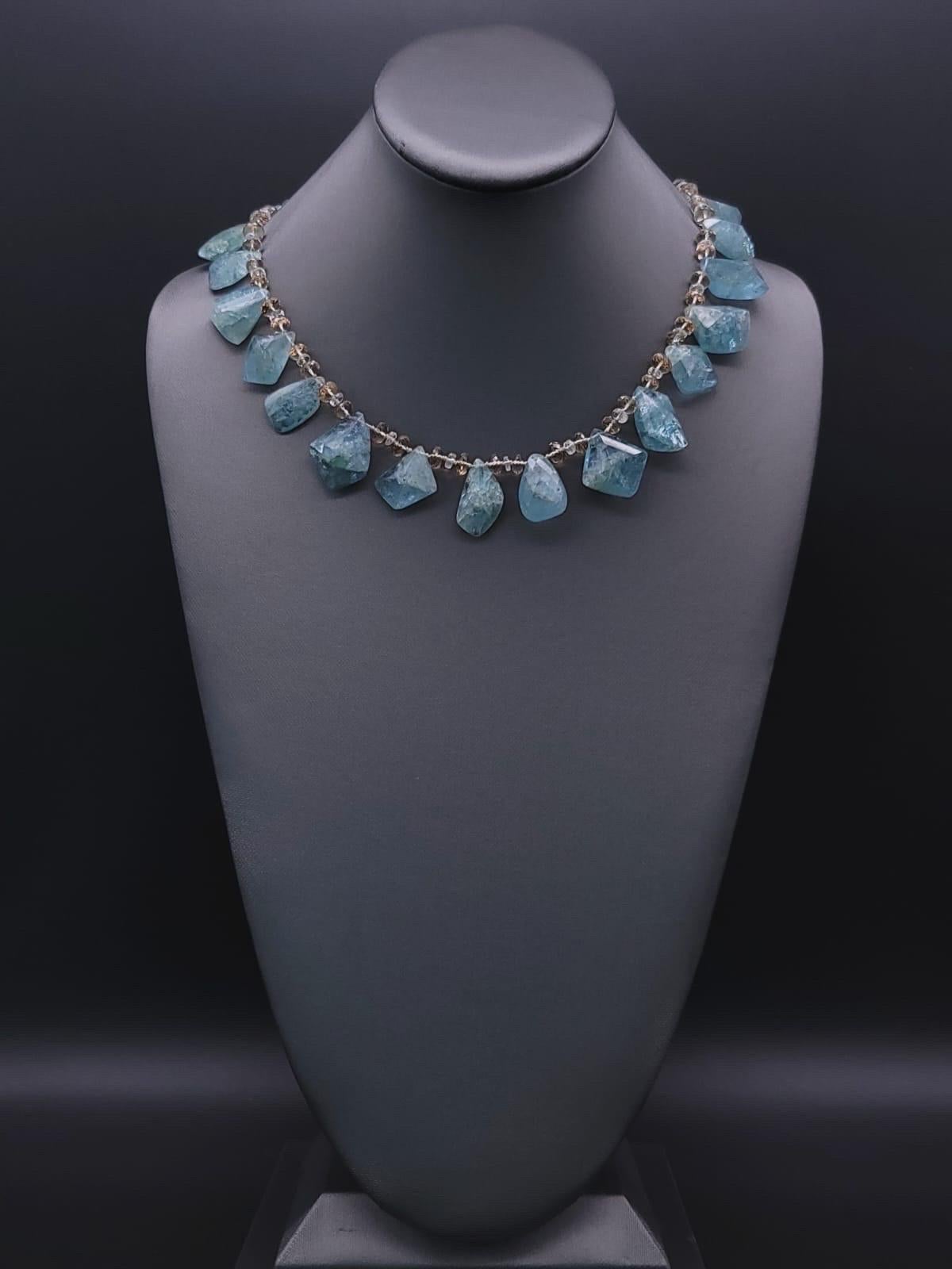 One-of-a-Kind

Aquamarine and Swarovski Crystal richly mixed in a super flattering necklace. Cut and polished aquamarine nuggets are separated with topaz Swarovski connected by a vintage Porcelain Limoges plaque of 2 Graces secure clasp. The soft