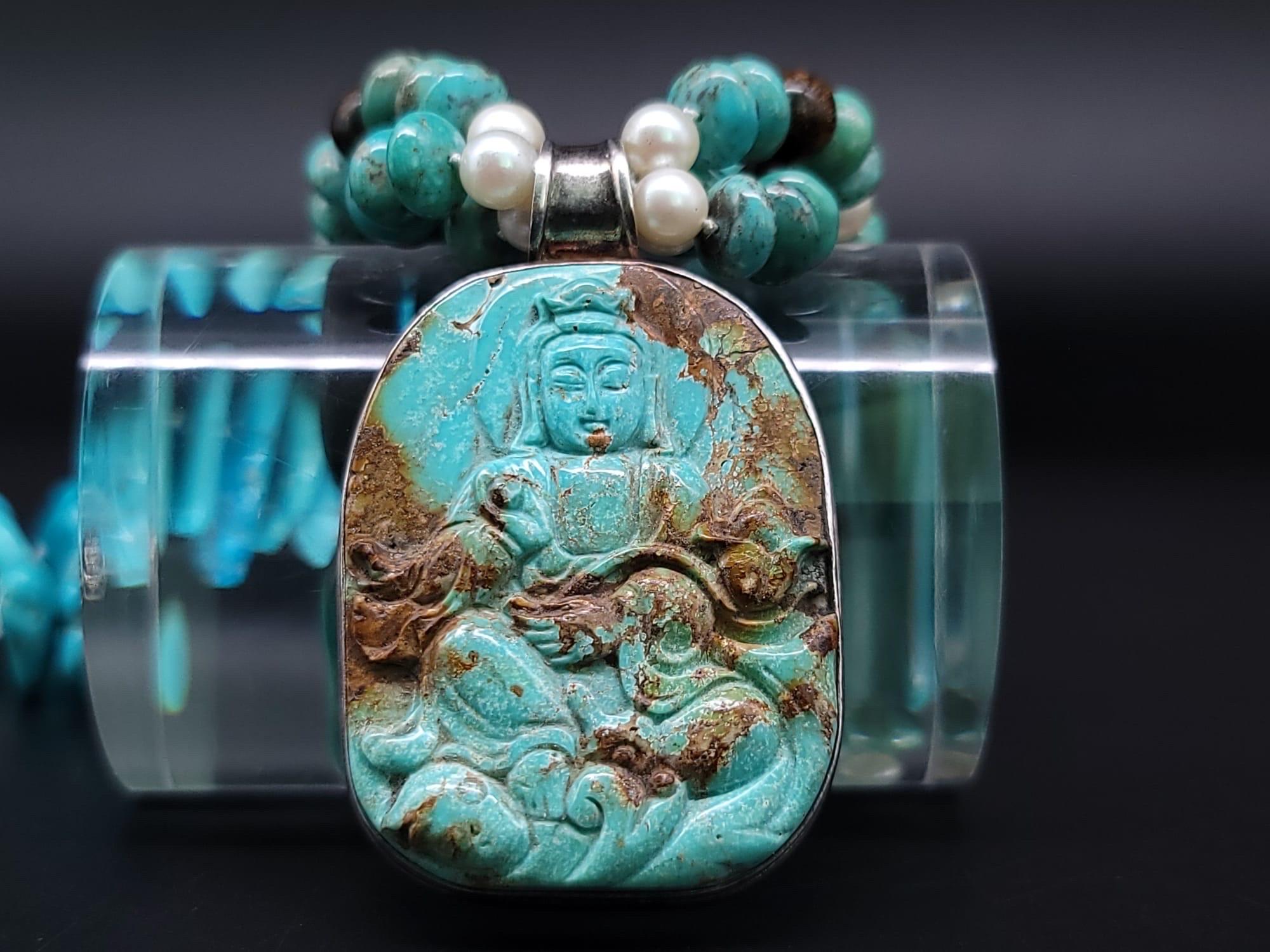 A.Jeschel Australian Opal and Turquoise necklace with a Buddha carved pendant. For Sale 5