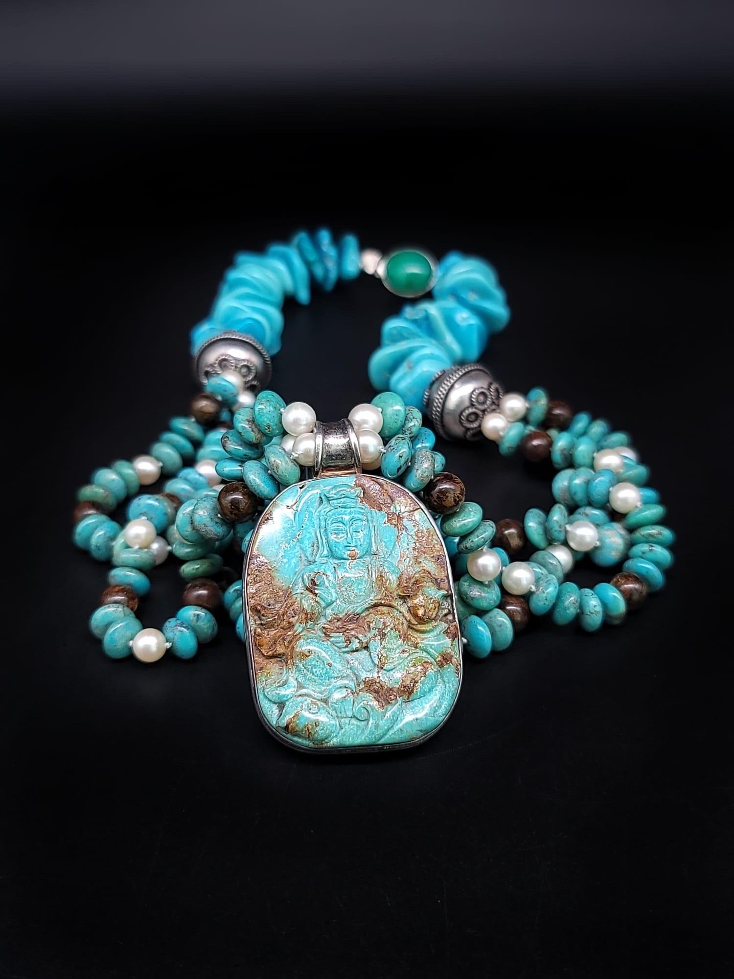 A.Jeschel Collier australien d'opales et de turquoises avec pendentif sculpté en forme de Bouddha. en vente 11
