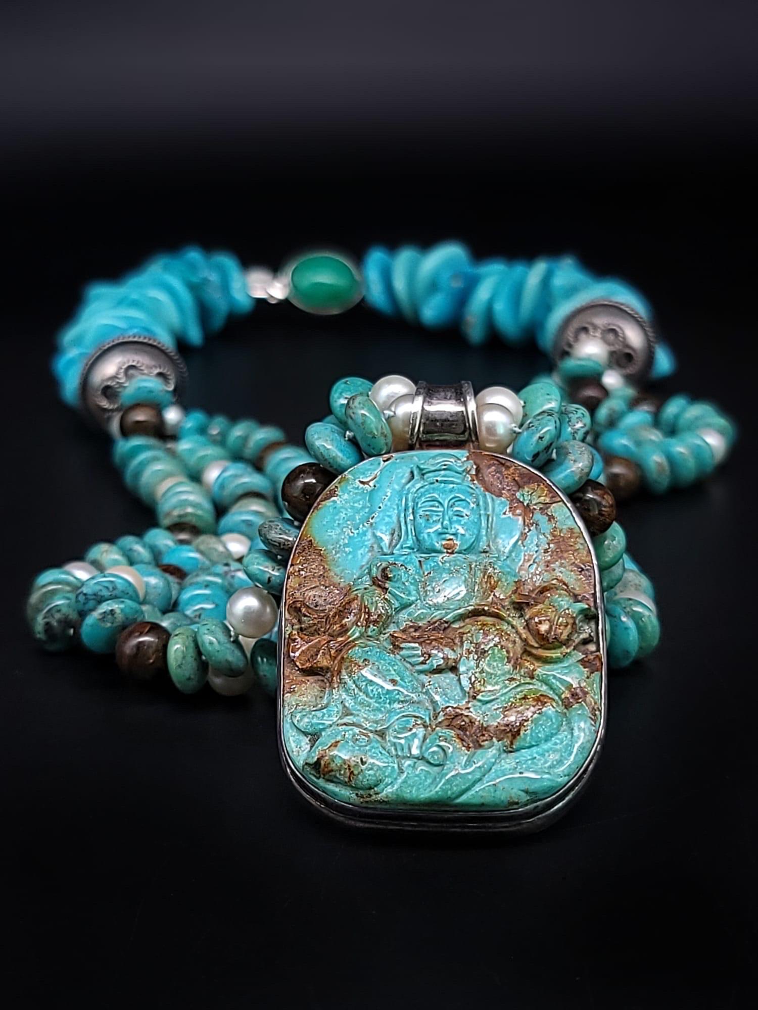A.Jeschel Collier australien d'opales et de turquoises avec pendentif sculpté en forme de Bouddha. en vente 12