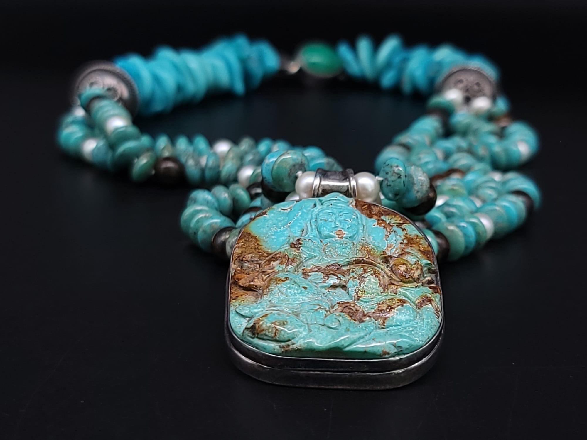 Mixed Cut A.Jeschel Australian Opal and Turquoise necklace with a Buddha carved pendant. For Sale