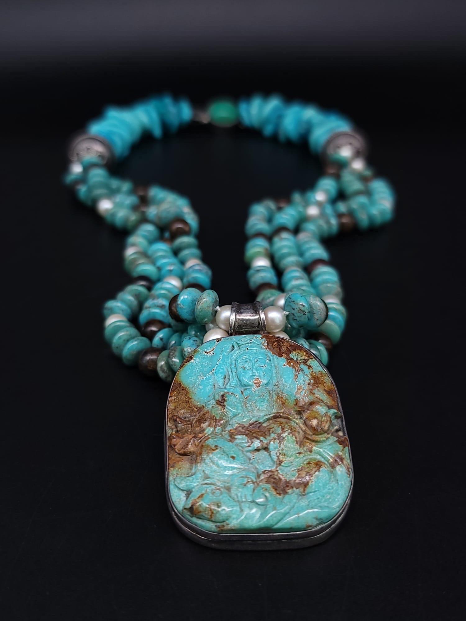 A.Jeschel Australian Opal and Turquoise necklace with a Buddha carved pendant. In New Condition For Sale In Miami, FL