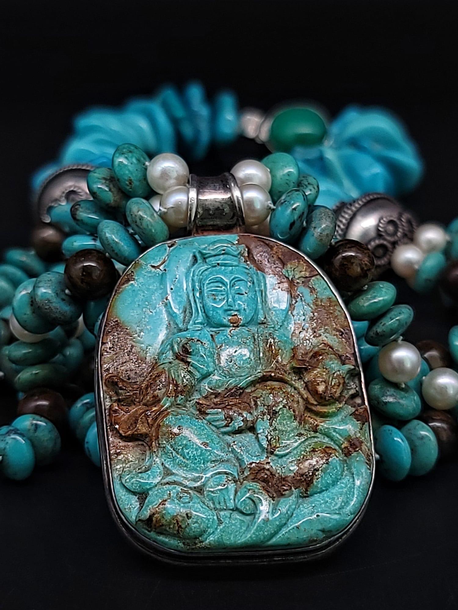 Women's or Men's A.Jeschel Australian Opal and Turquoise necklace with a Buddha carved pendant. For Sale