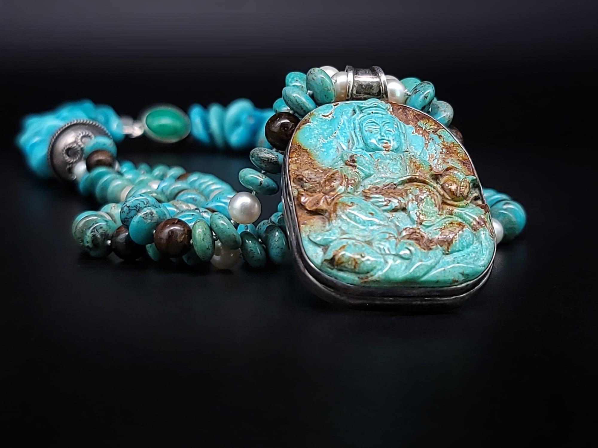 A.Jeschel Collier australien d'opales et de turquoises avec pendentif sculpté en forme de Bouddha. en vente 1