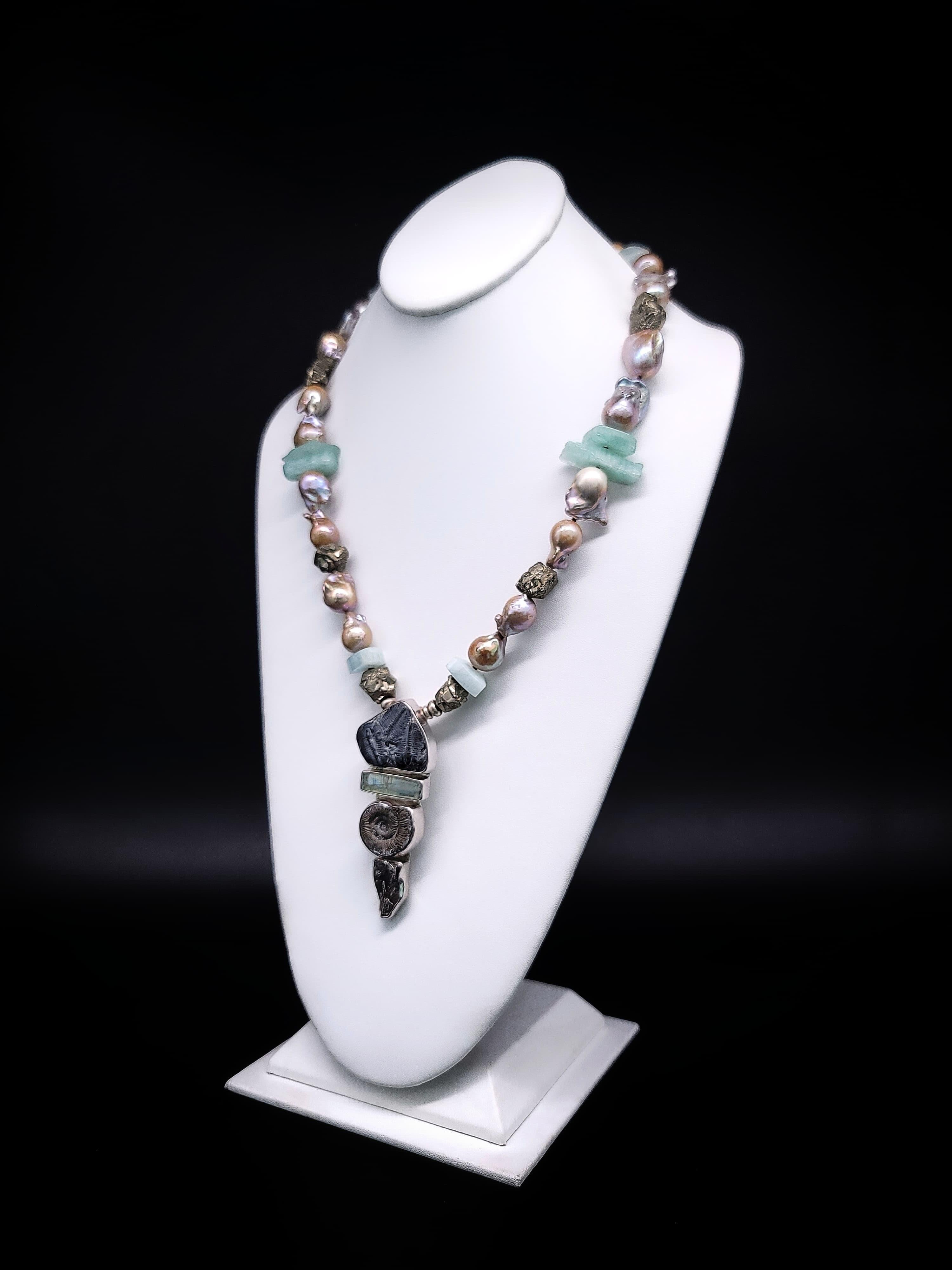 A.Jeschel Baroque Pearl and Aquamarine Necklace with Fine Roman Glass Pendant. For Sale 7