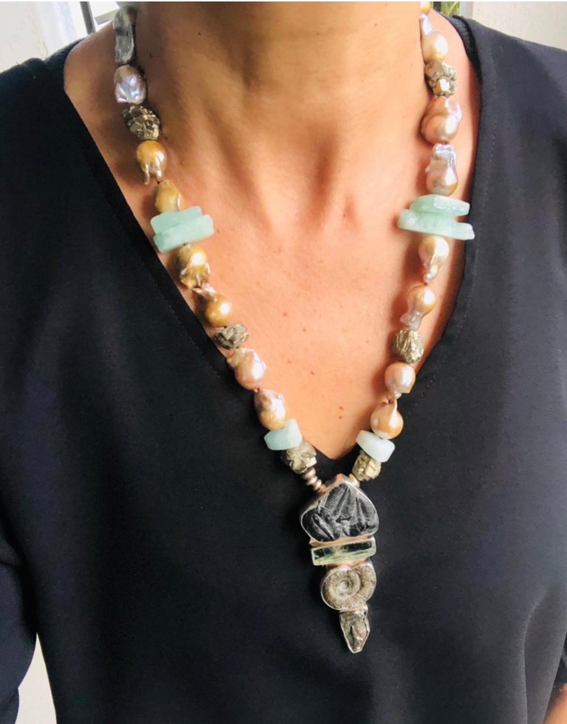 Contemporary A.Jeschel Baroque Pearl and Aquamarine Necklace with Fine Roman Glass Pendant. For Sale