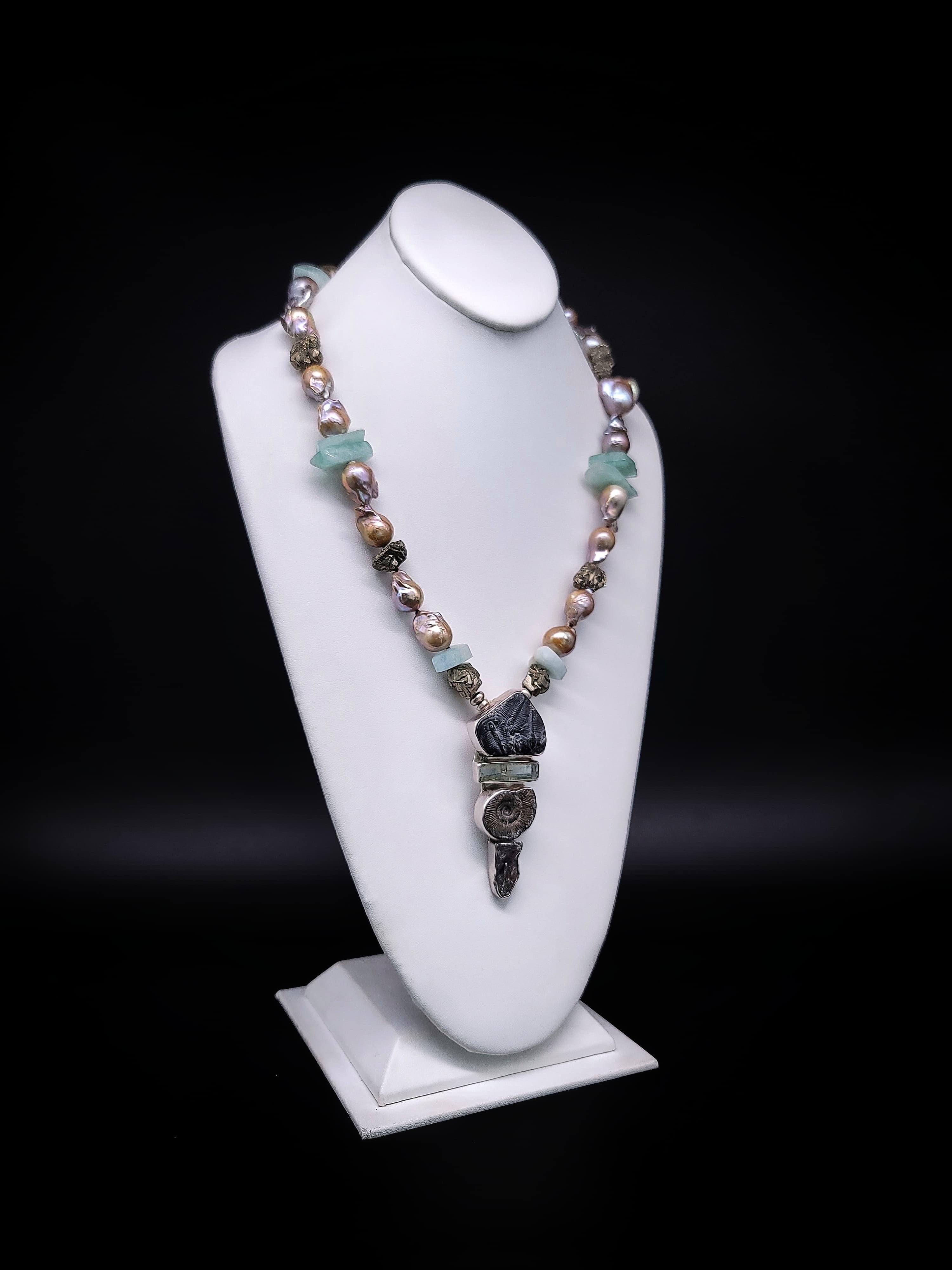 A.Jeschel Baroque Pearl and Aquamarine Necklace with Fine Roman Glass Pendant. In New Condition For Sale In Miami, FL
