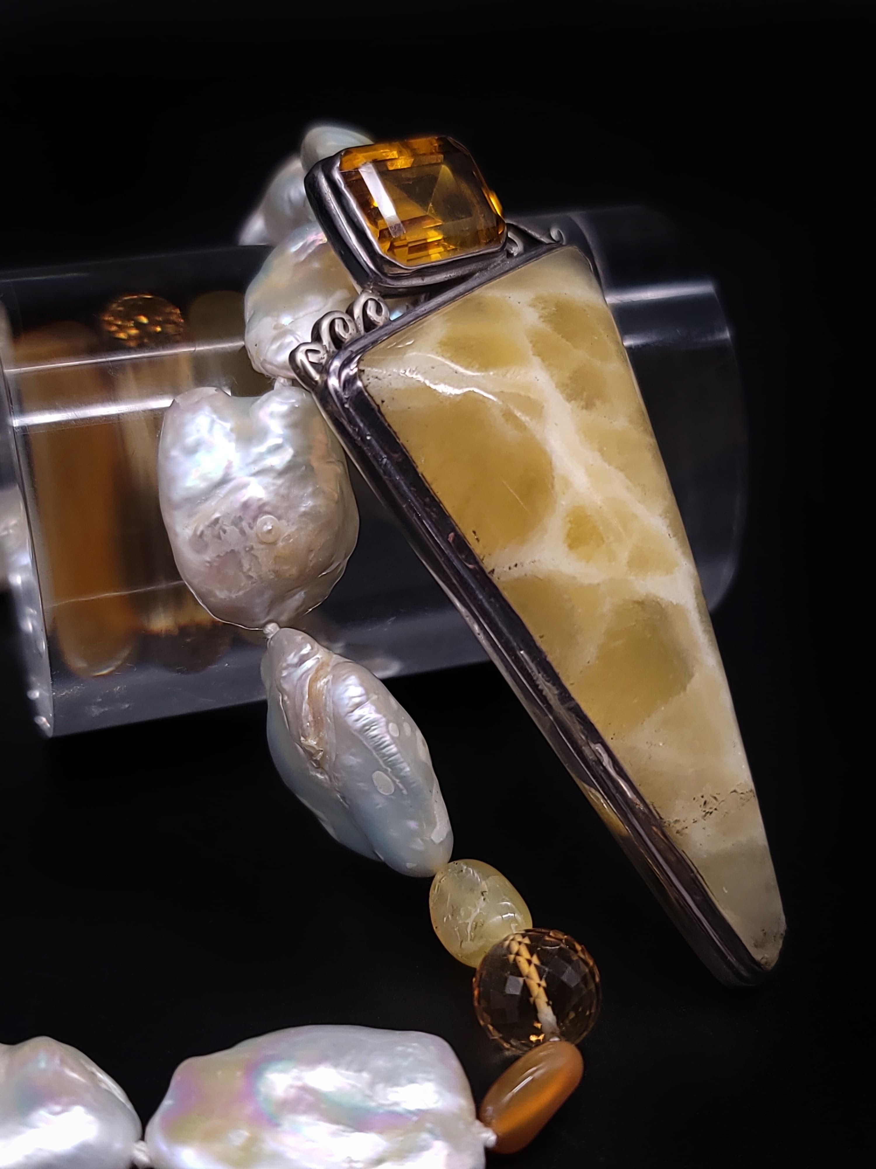 A.Jeschel  Baroque Pearls with Citrine and Onyx Pendant necklace. For Sale 5