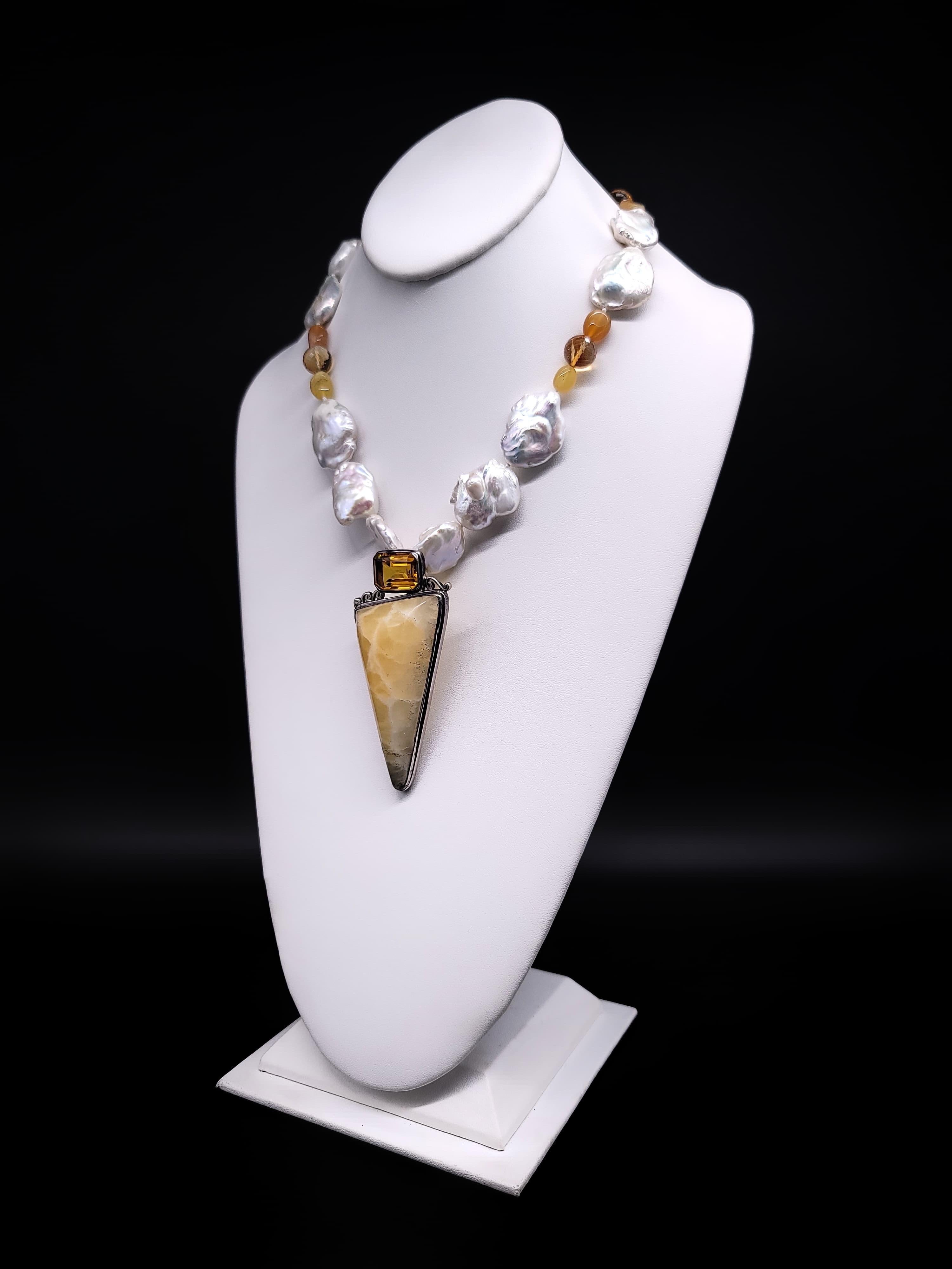 A.Jeschel  Baroque Pearls with Citrine and Onyx Pendant necklace. For Sale 8