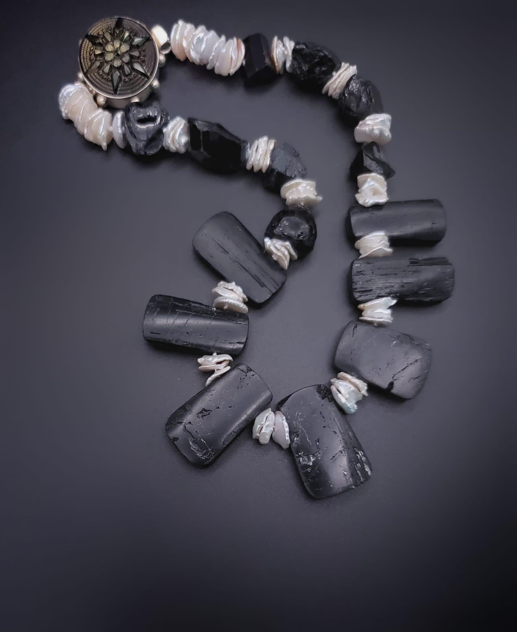 A.Jeschel Massive Bold Black Tourmaline and Keshi Pearl necklace. 4