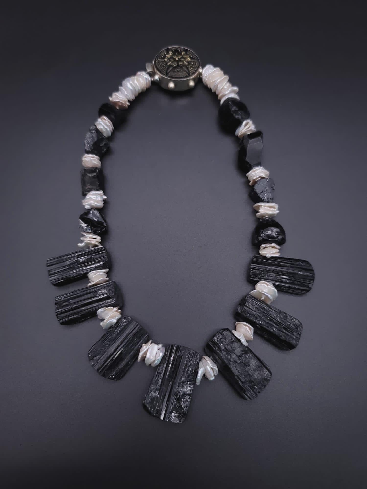 A.Jeschel Massive Bold Black Tourmaline and Keshi Pearl necklace. 3