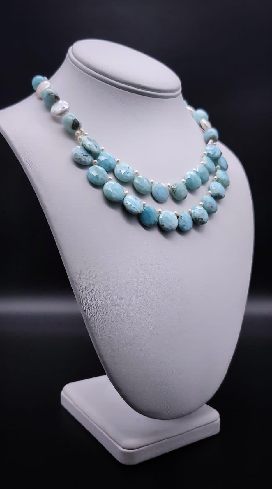 Mixed Cut A.Jeschel Precious Larimar and Pearl Necklace. For Sale