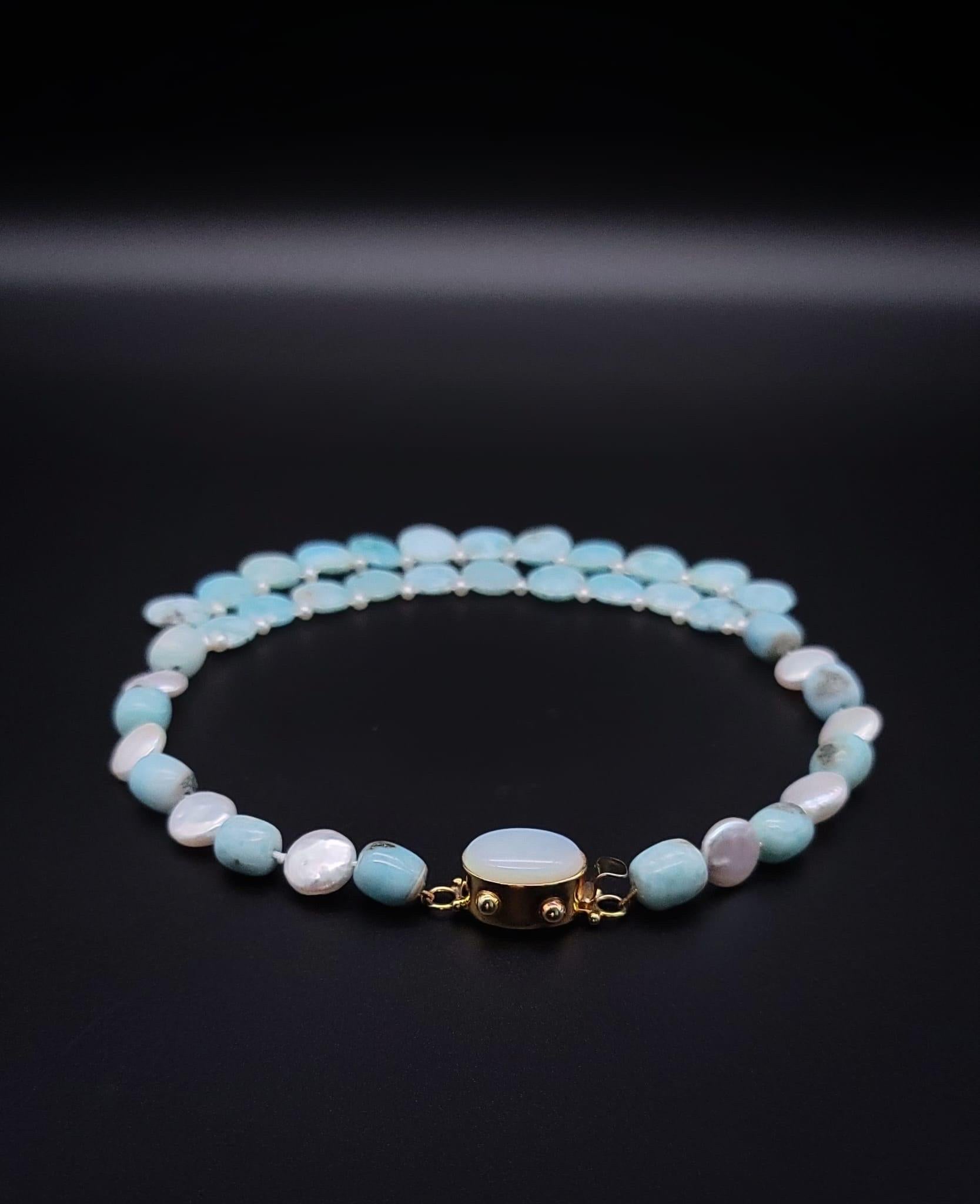 Women's or Men's A.Jeschel Precious Larimar and Pearl Necklace. For Sale
