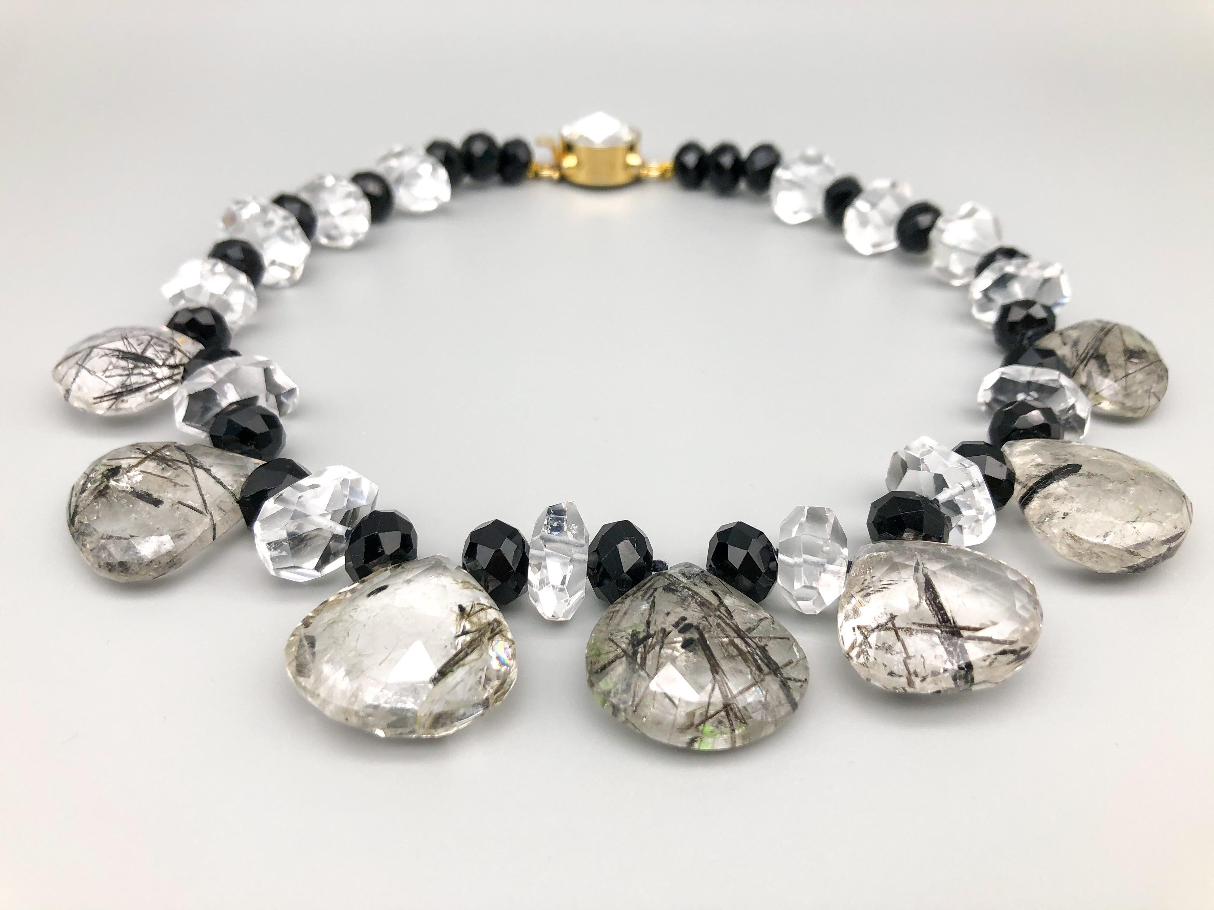 Contemporary A.Jeschel Black cut Onyx beads and teardrop rutilated Quartz Necklace For Sale