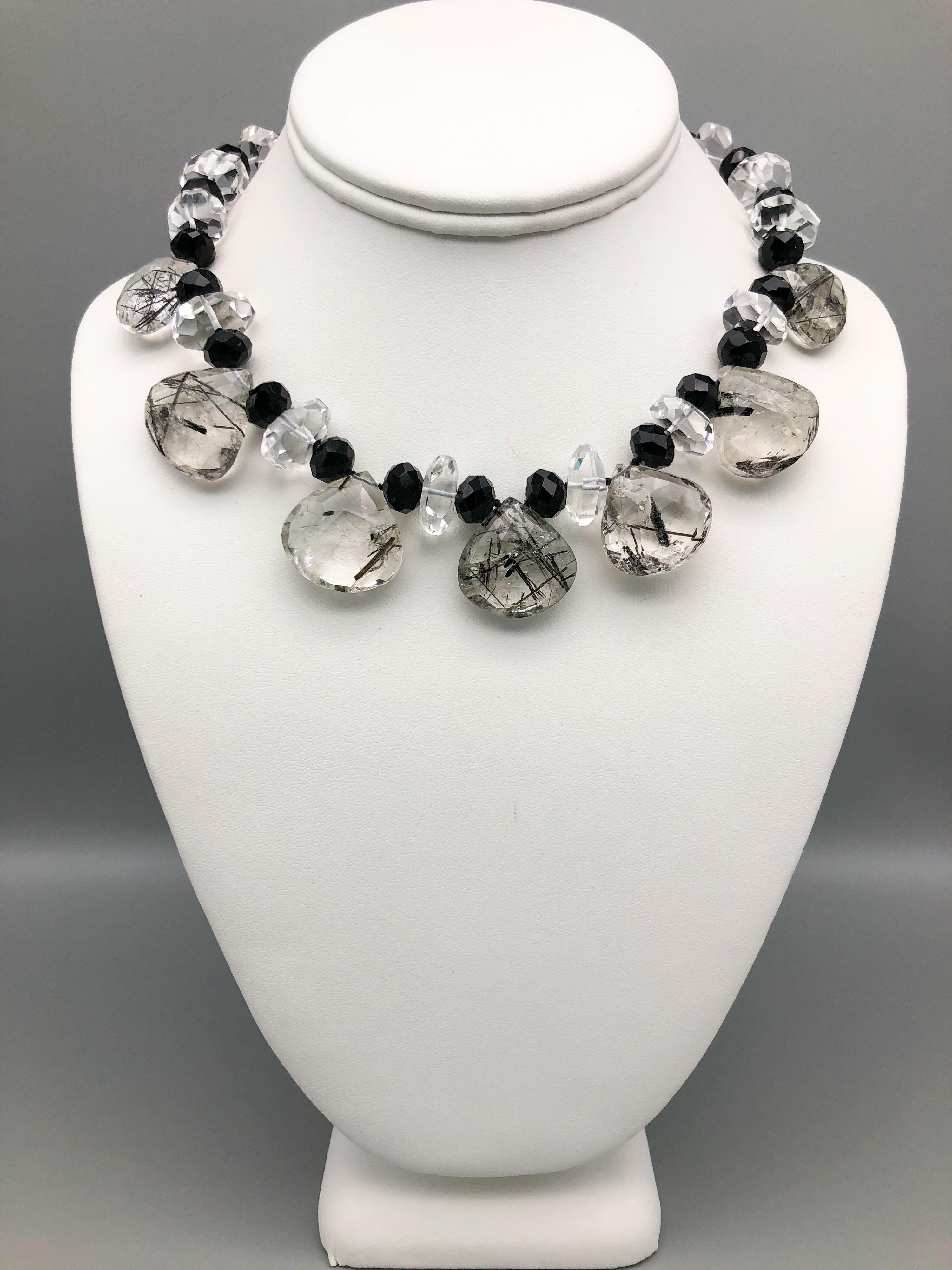 Mixed Cut A.Jeschel Black cut Onyx beads and teardrop rutilated Quartz Necklace For Sale