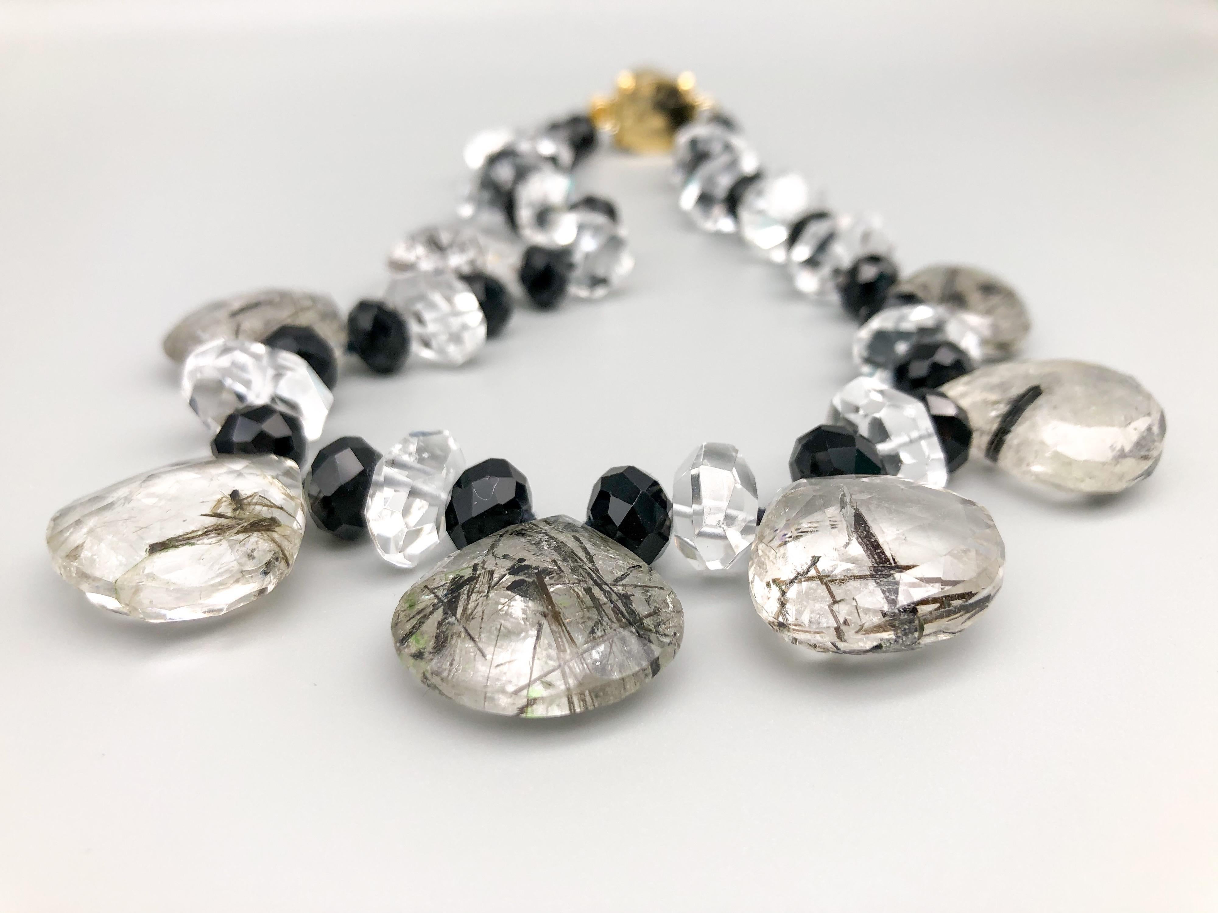 A.Jeschel Black cut Onyx beads and teardrop rutilated Quartz Necklace In New Condition For Sale In Miami, FL